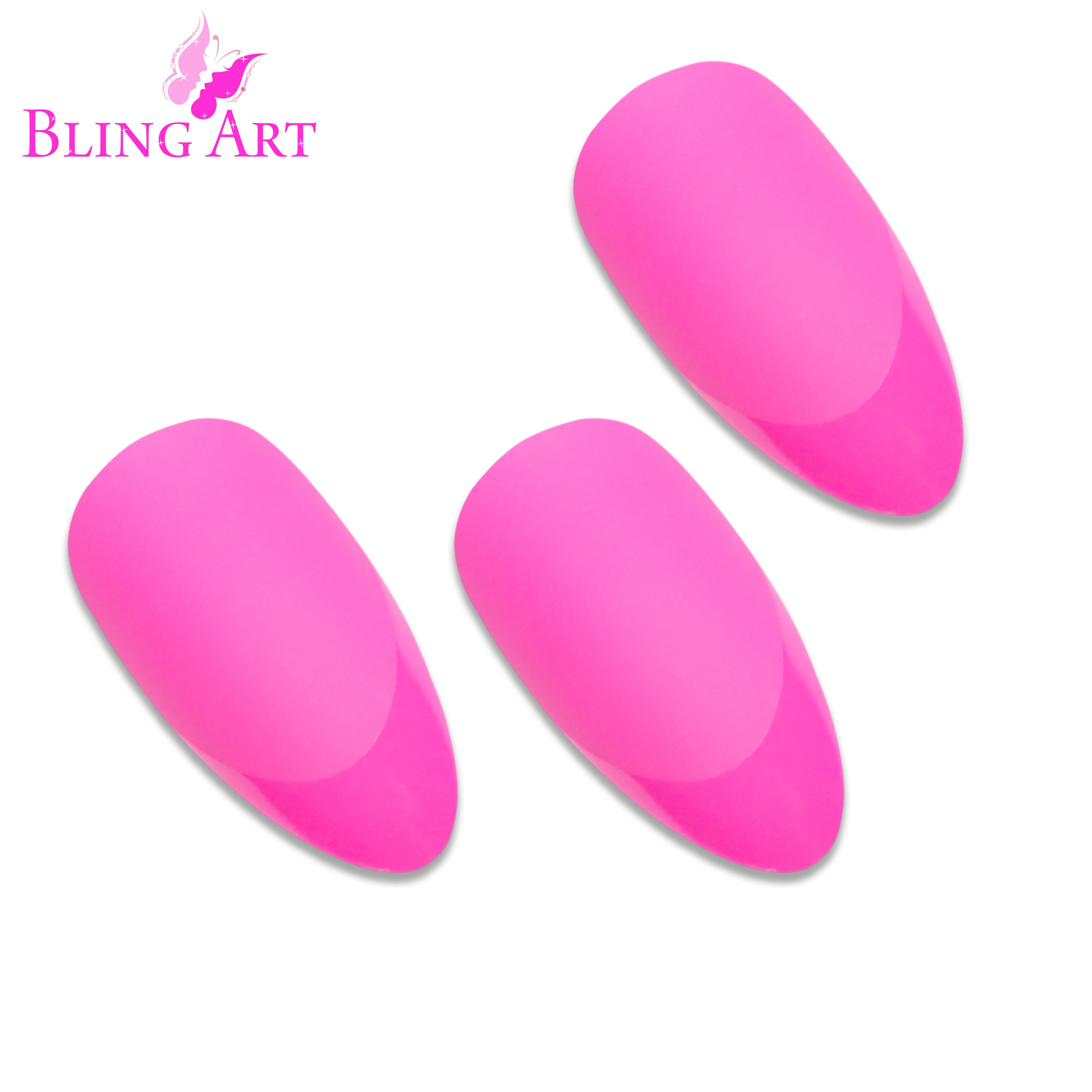 Pink matte almond stiletto Bling Art press-on nails — lifestyle context shot showing the feminine blush-pink matte finish.
