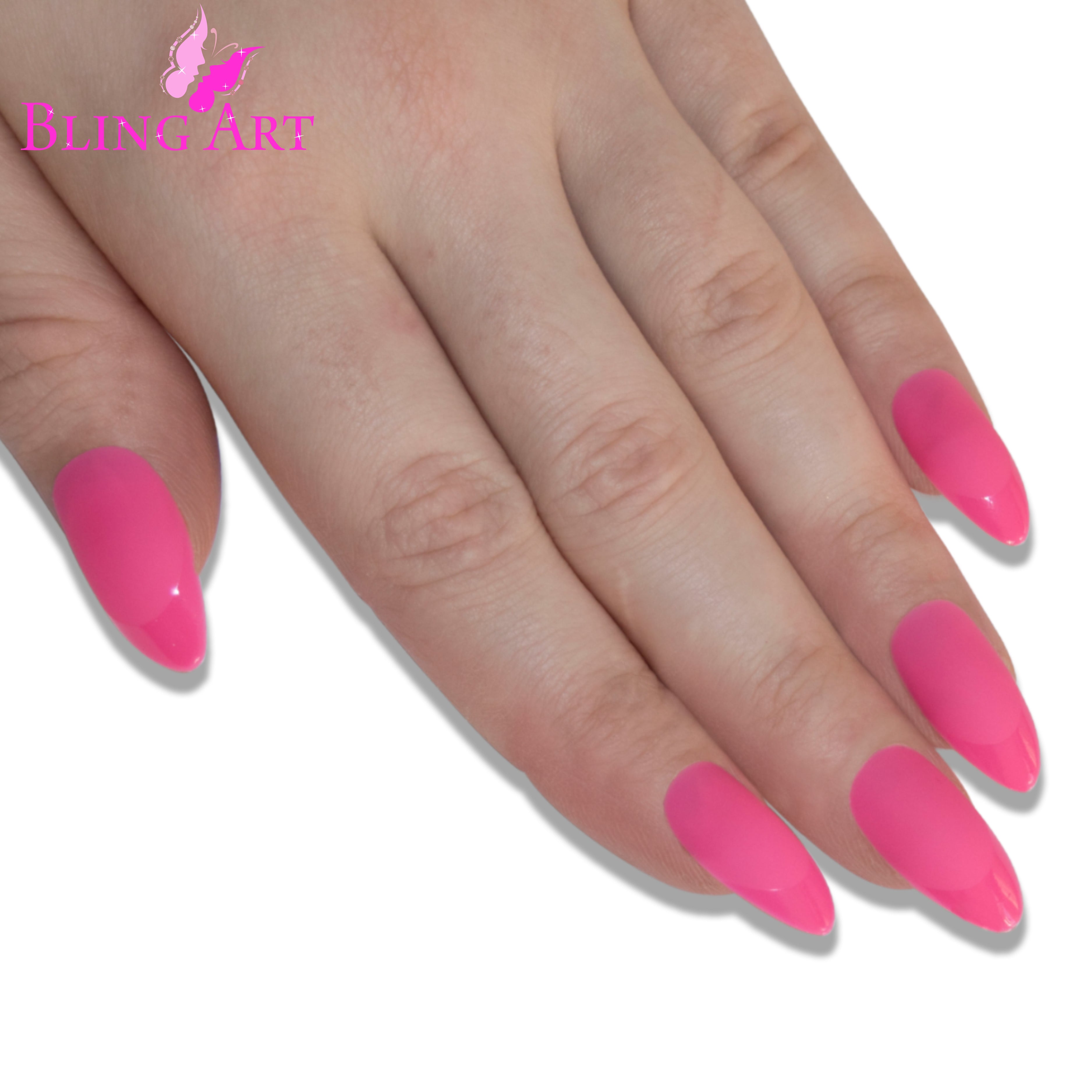 Bling Art Pink matte almond stiletto press-on nail set packaging — 24 nails, 12 sizes XS-XXL, file and cuticle stick included. Glue not included.