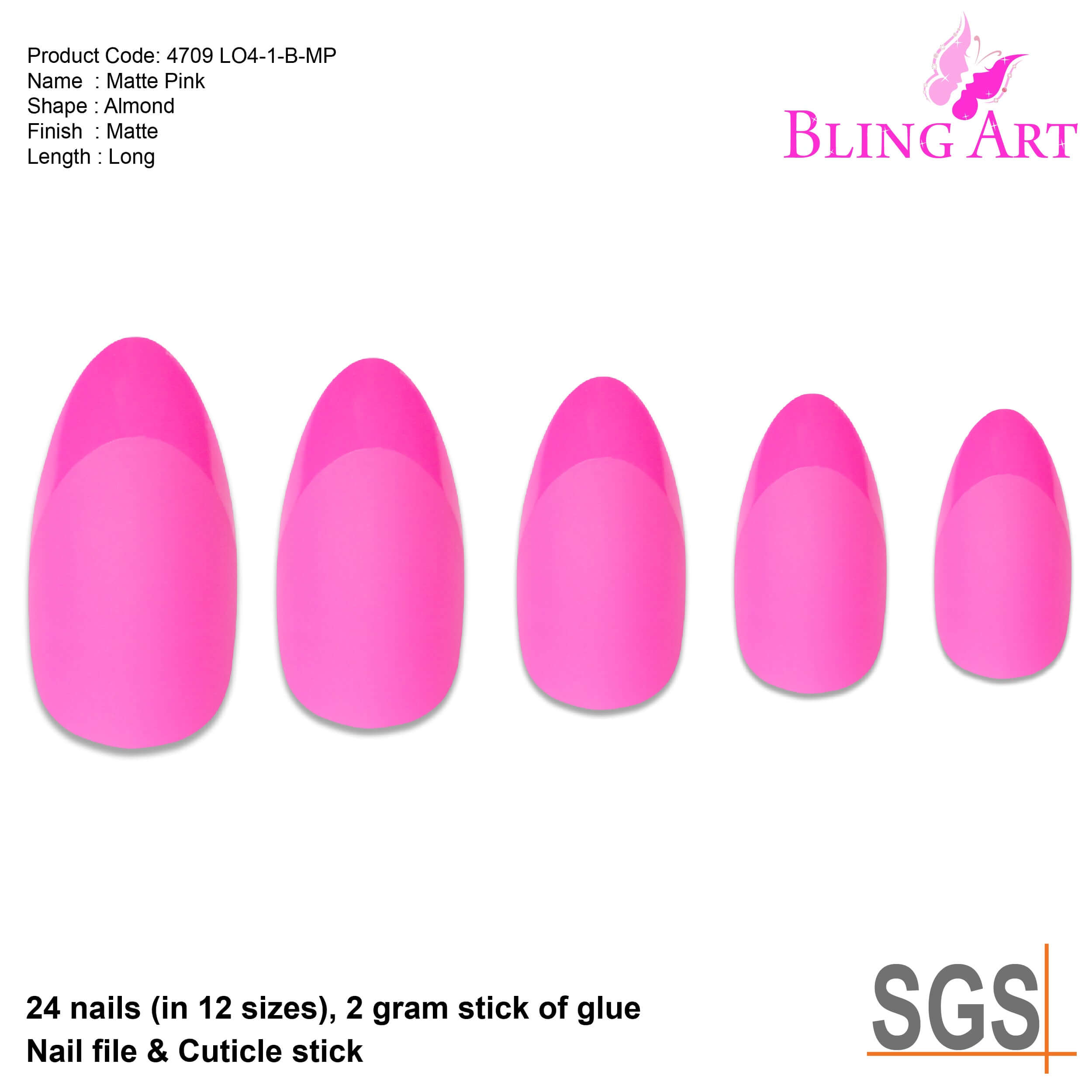 False Nails Bling Art Matte Pink Almond Stiletto Long Fake Acrylic Tips & Glue