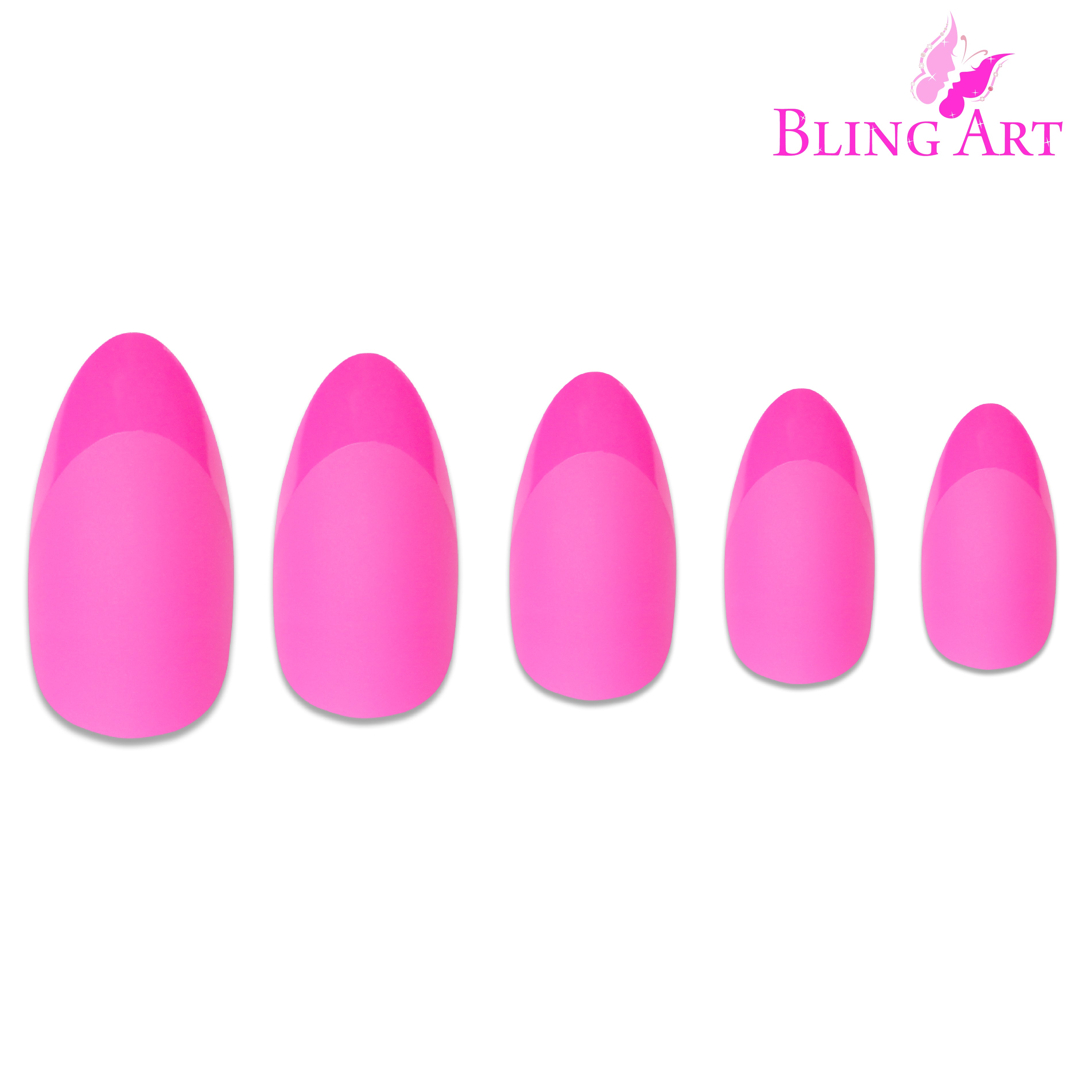 Pink matte almond stiletto Bling Art press-on nails — alternative angle revealing the bond line on the long almond stiletto shape.