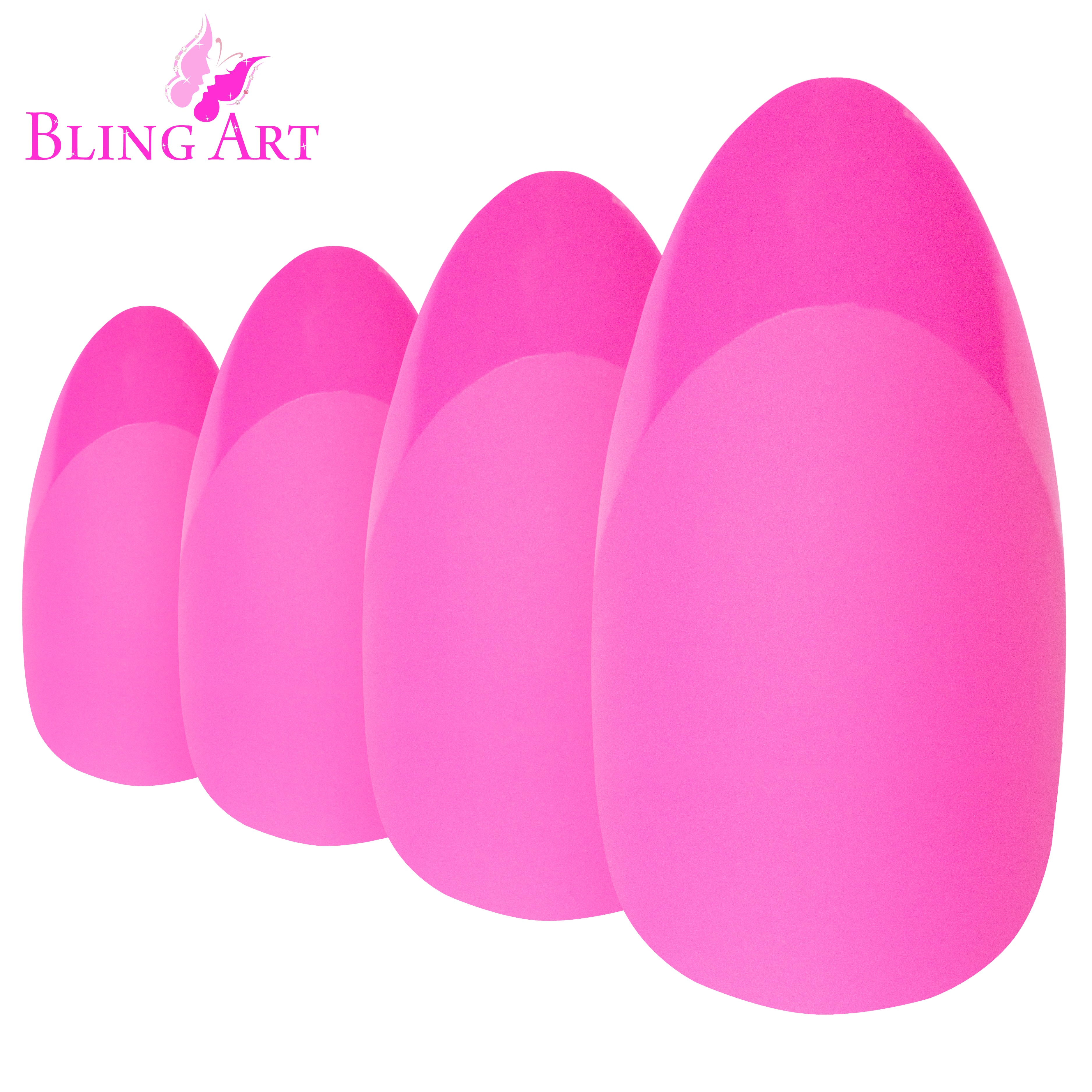 Pink matte almond stiletto Bling Art press-on nails — worn-hand close-up showing the blush-pink velvet matte on long pointed almond stiletto tips. Almond = Stiletto (same shape).