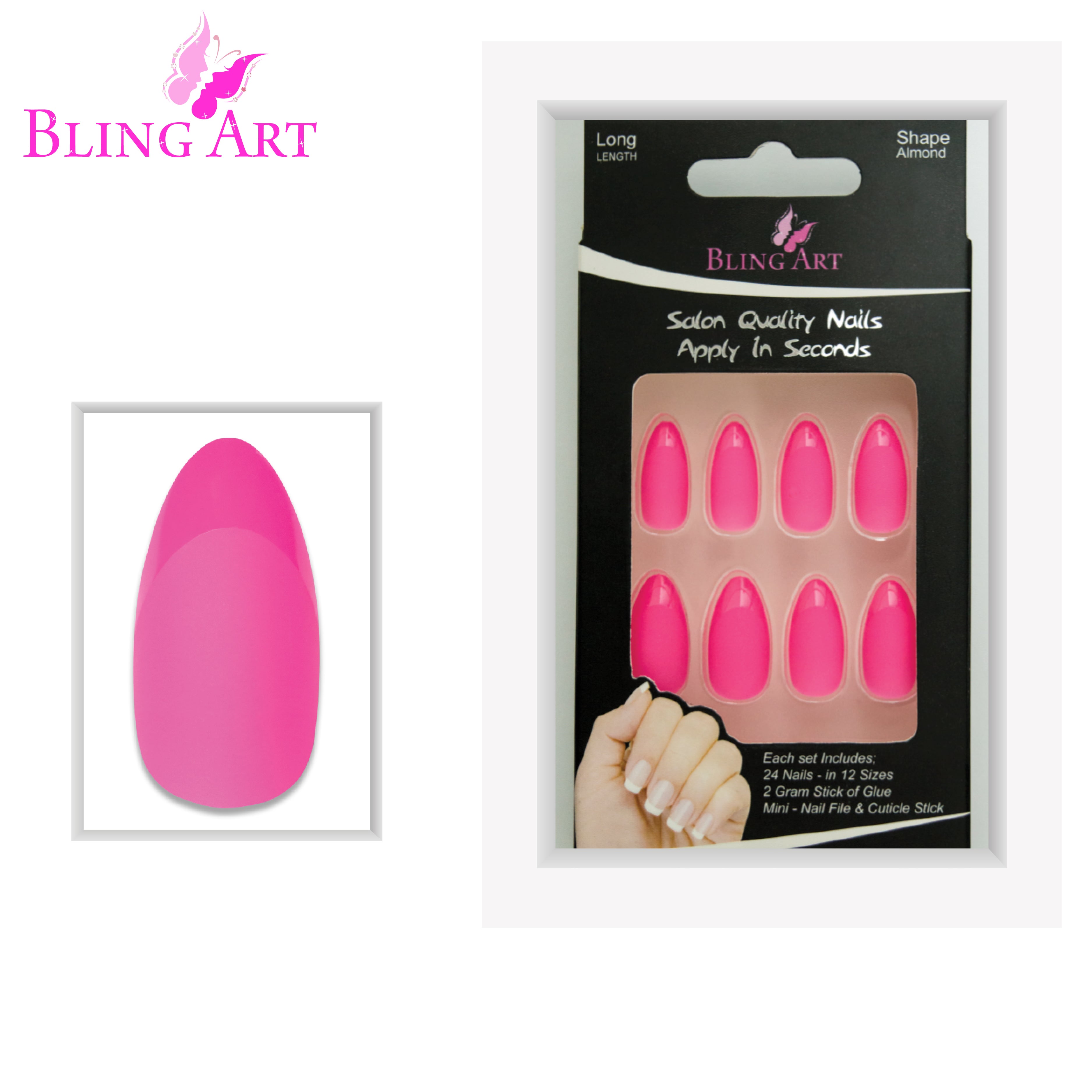 Pink matte almond stiletto Bling Art press-on nails — full-hand reveal showing all 24 nails for summer events and date nights.
