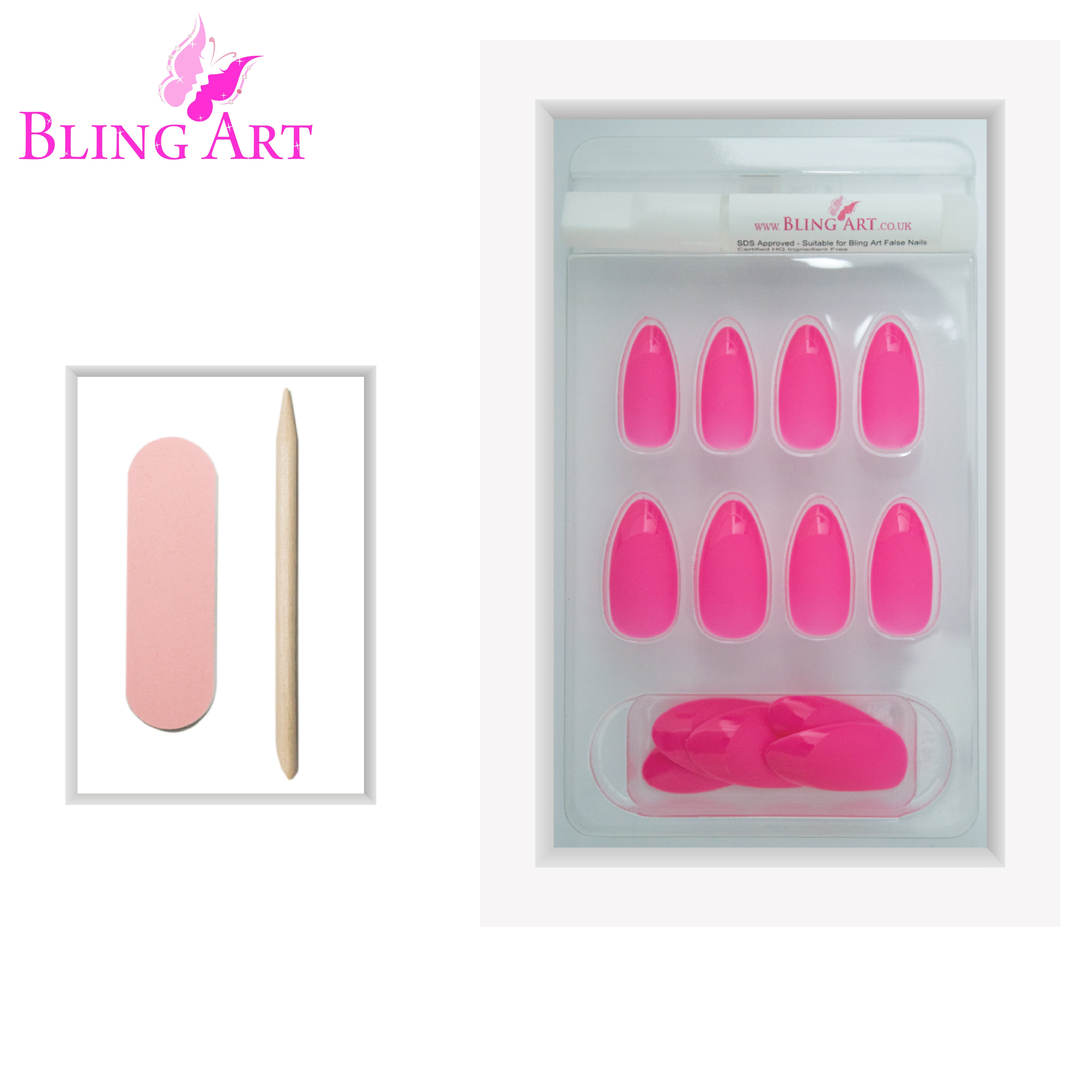 Pink matte almond stiletto Bling Art press-on nails — additional product view showing the pink matte long tip silhouette.