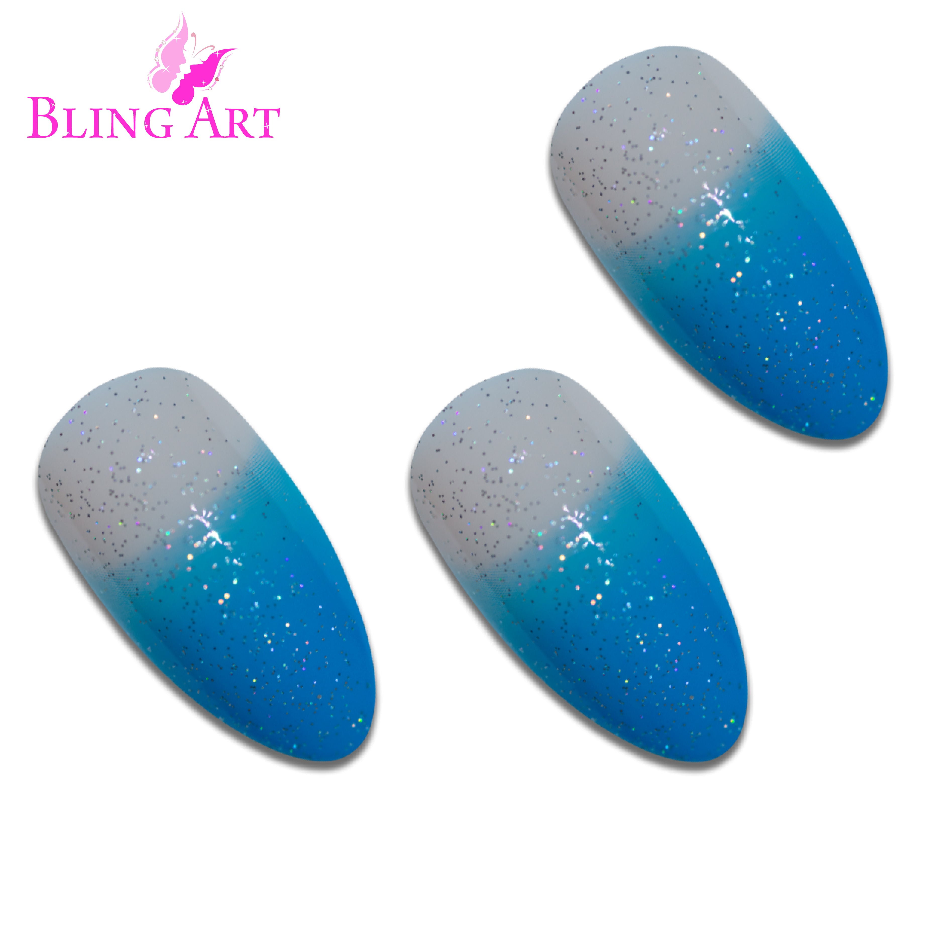 Blue gel glitter almond stiletto Bling Art press-on nails — worn-hand close-up showing the blue sparkle high-shine on long pointed almond stiletto tips. Almond = Stiletto (same shape).