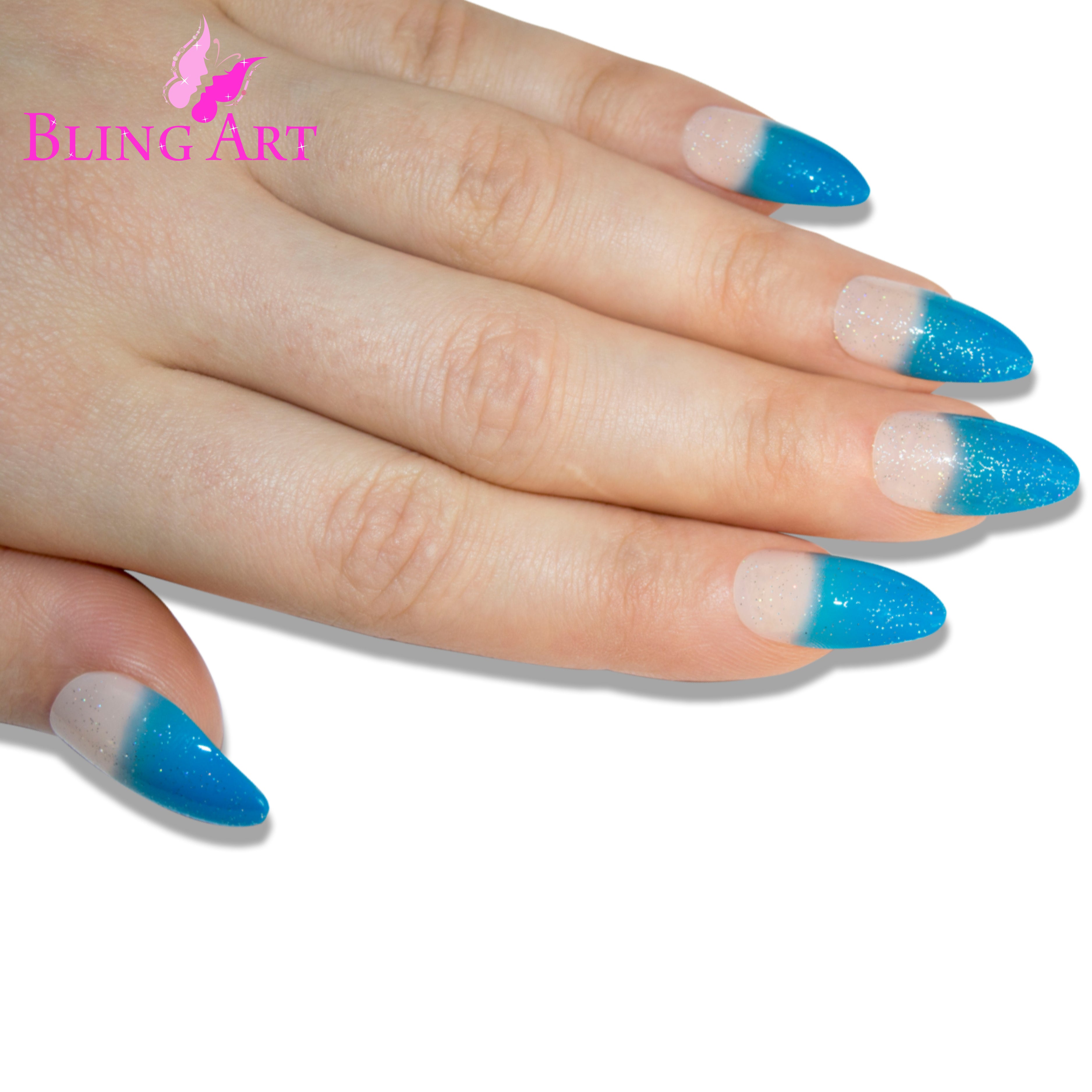 Blue gel glitter almond stiletto Bling Art press-on nails — alternative angle revealing the glitter density on the long almond stiletto shape.