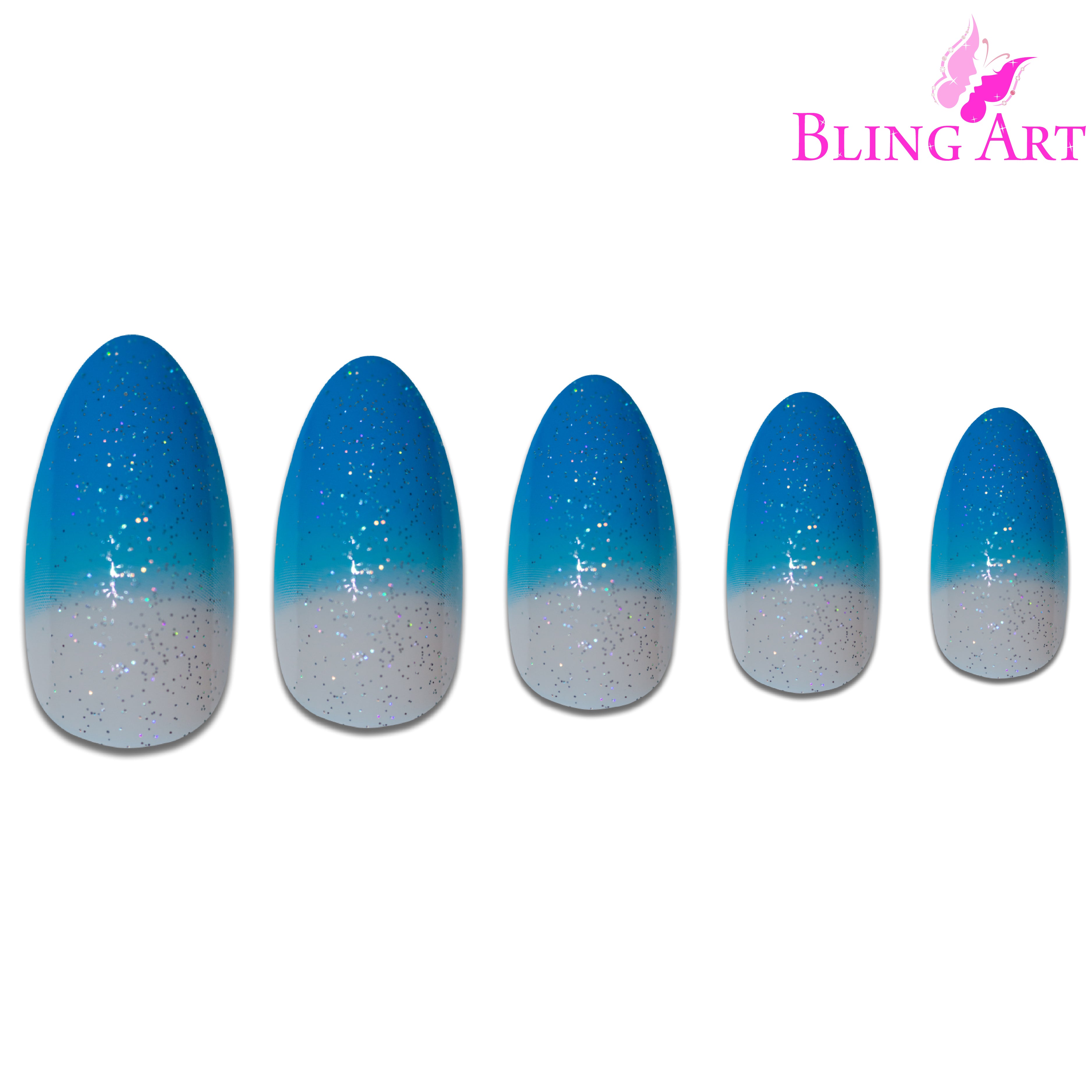 Blue gel glitter almond stiletto Bling Art press-on nails — full-hand reveal showing all 24 nails for festivals and summer events.
