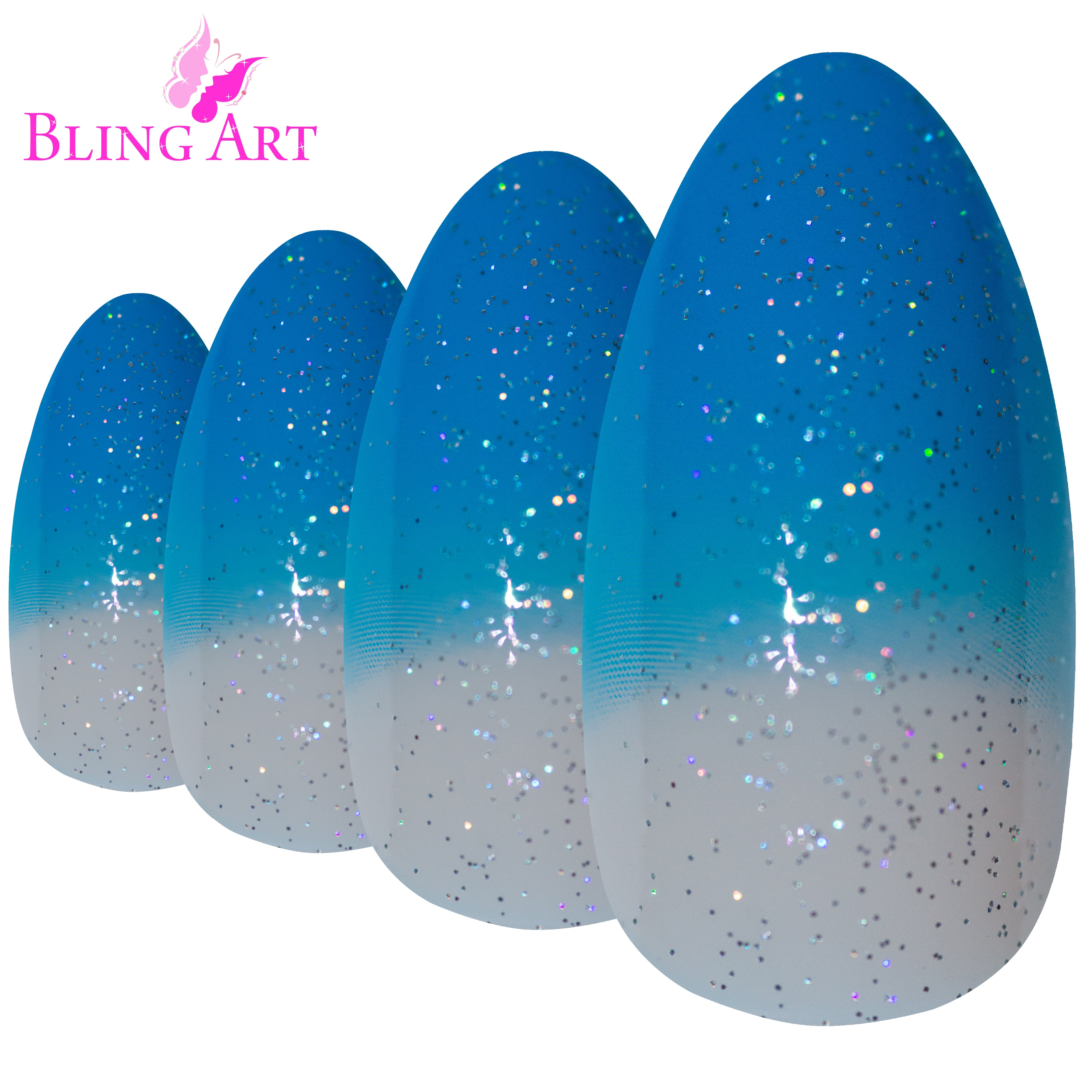 Blue gel glitter almond stiletto Bling Art press-on nails — additional product view showing the blue glitter long tip silhouette.