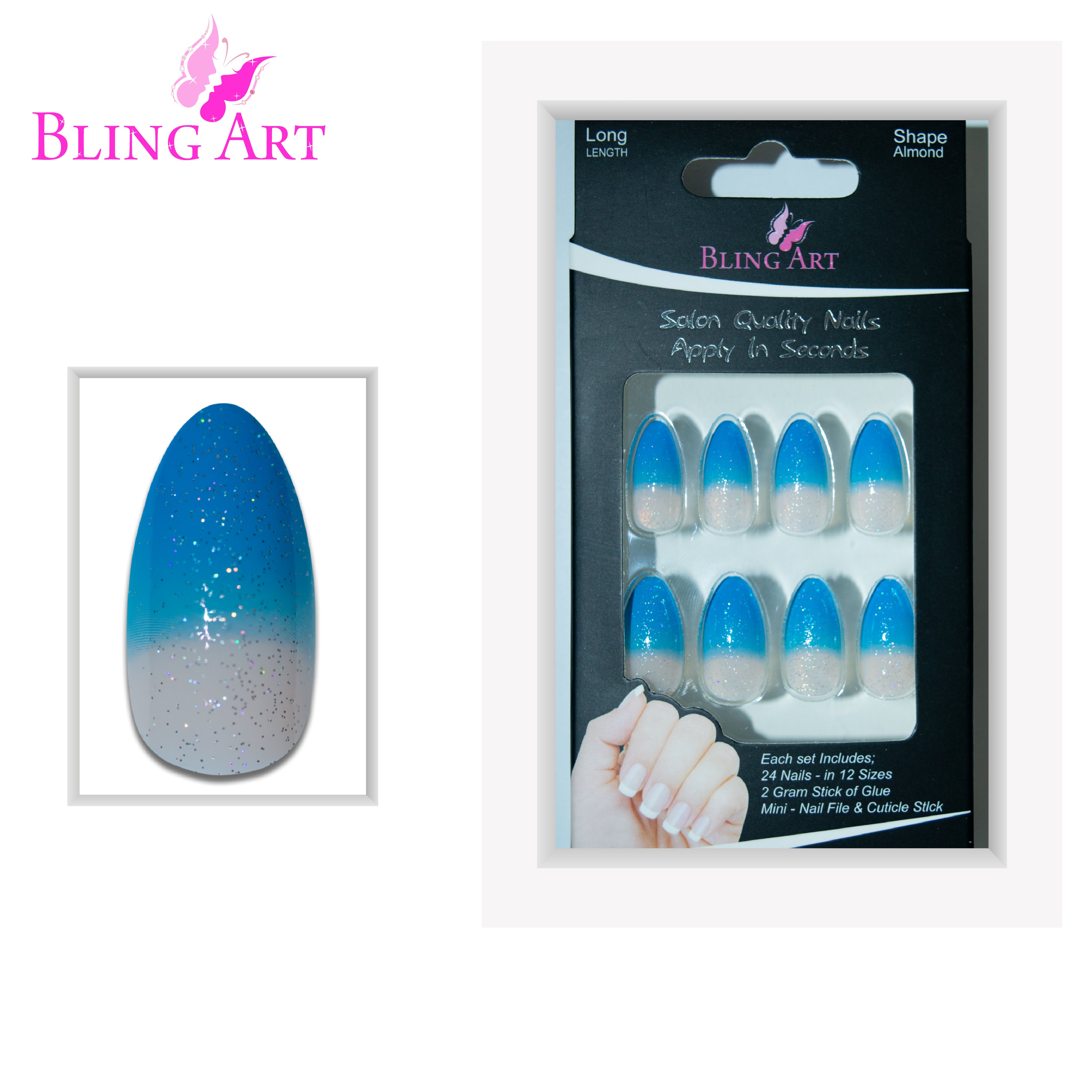 Blue gel glitter almond stiletto Bling Art press-on nails — lifestyle context shot showing the vivid blue sparkle finish.