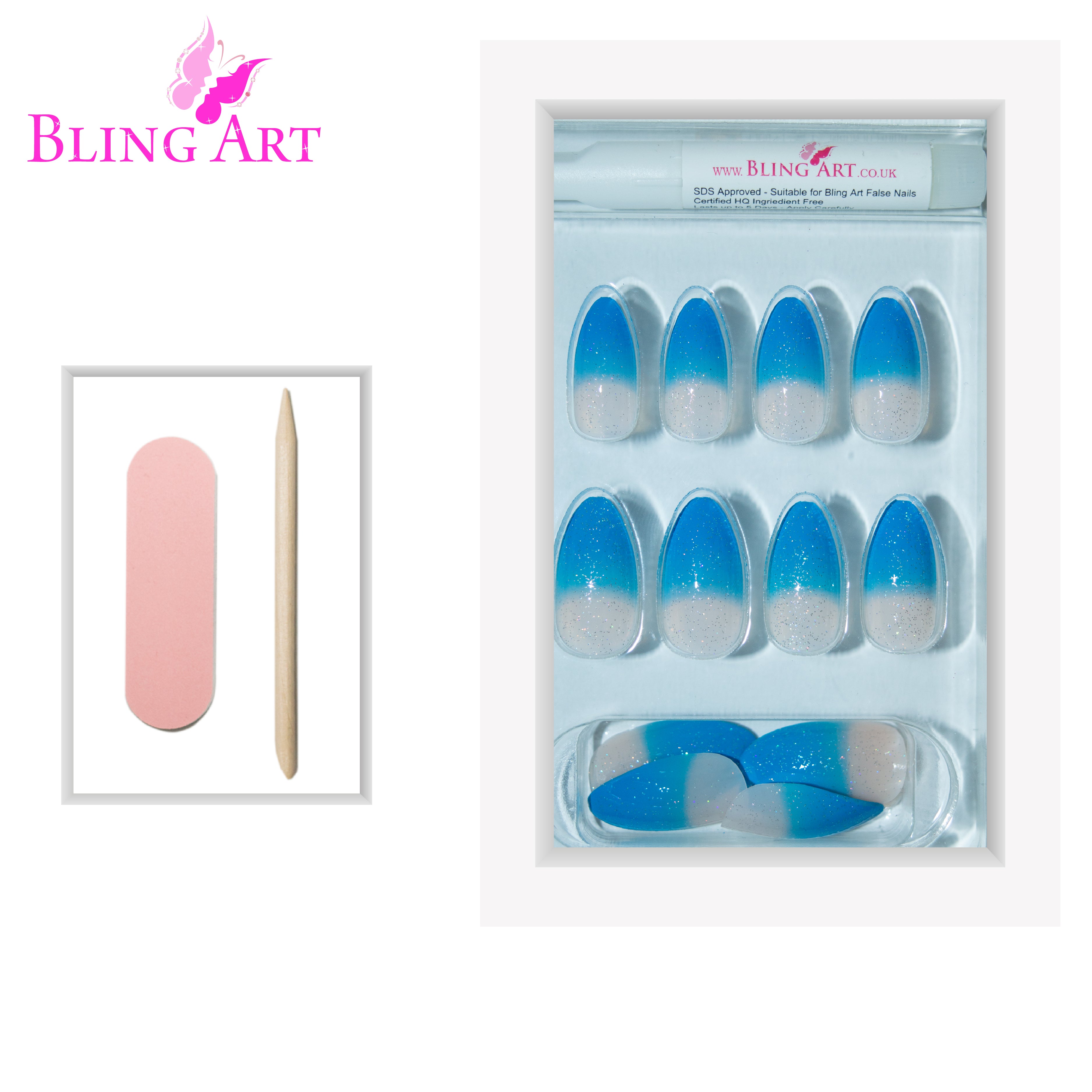 Bling Art Blue gel glitter almond stiletto press-on nail set packaging — 24 nails, 12 sizes XS-XXL, file and cuticle stick included. Glue not included.