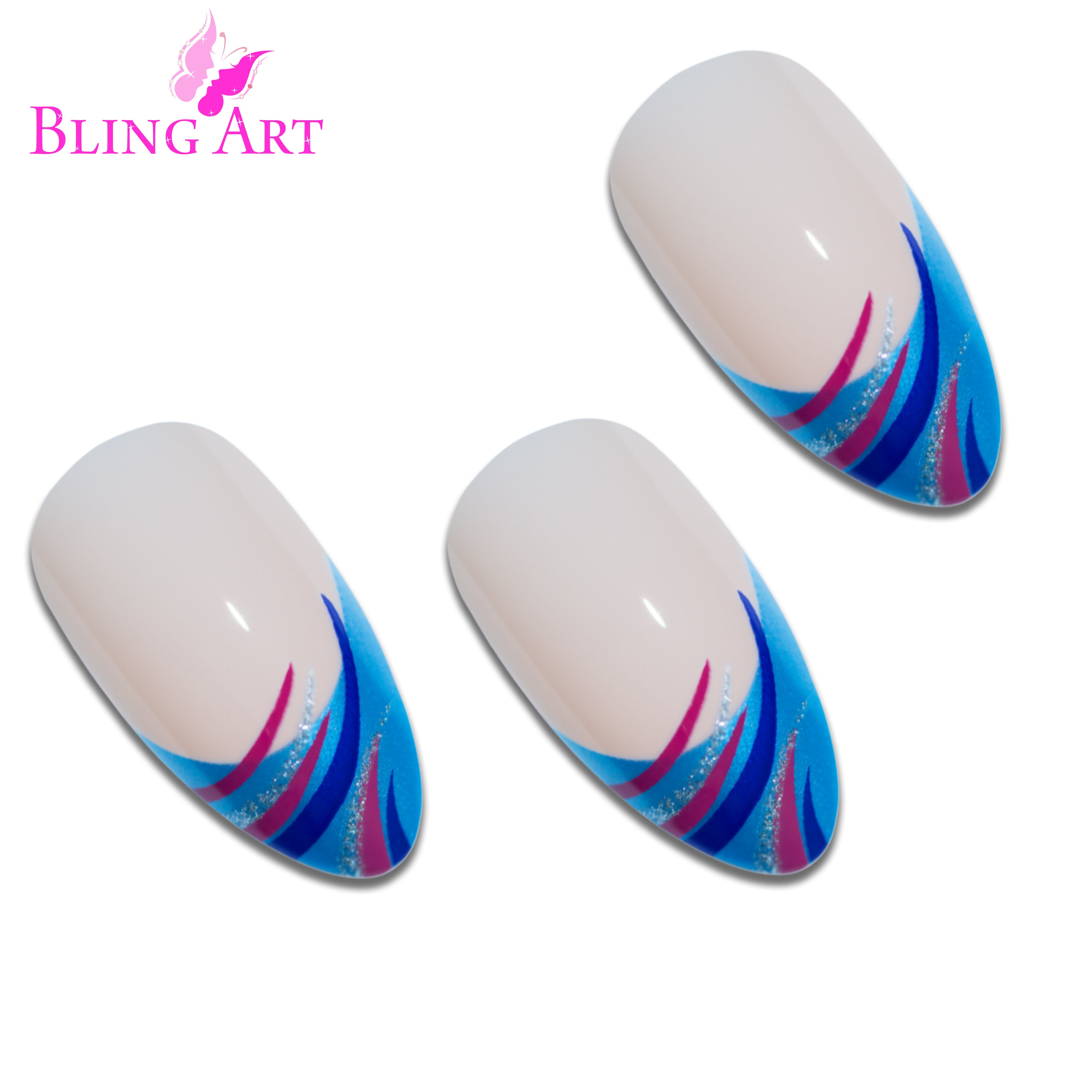 Blue glitter almond stiletto Bling Art press-on nails — lifestyle context shot showing the bold vibrant blue sparkle.