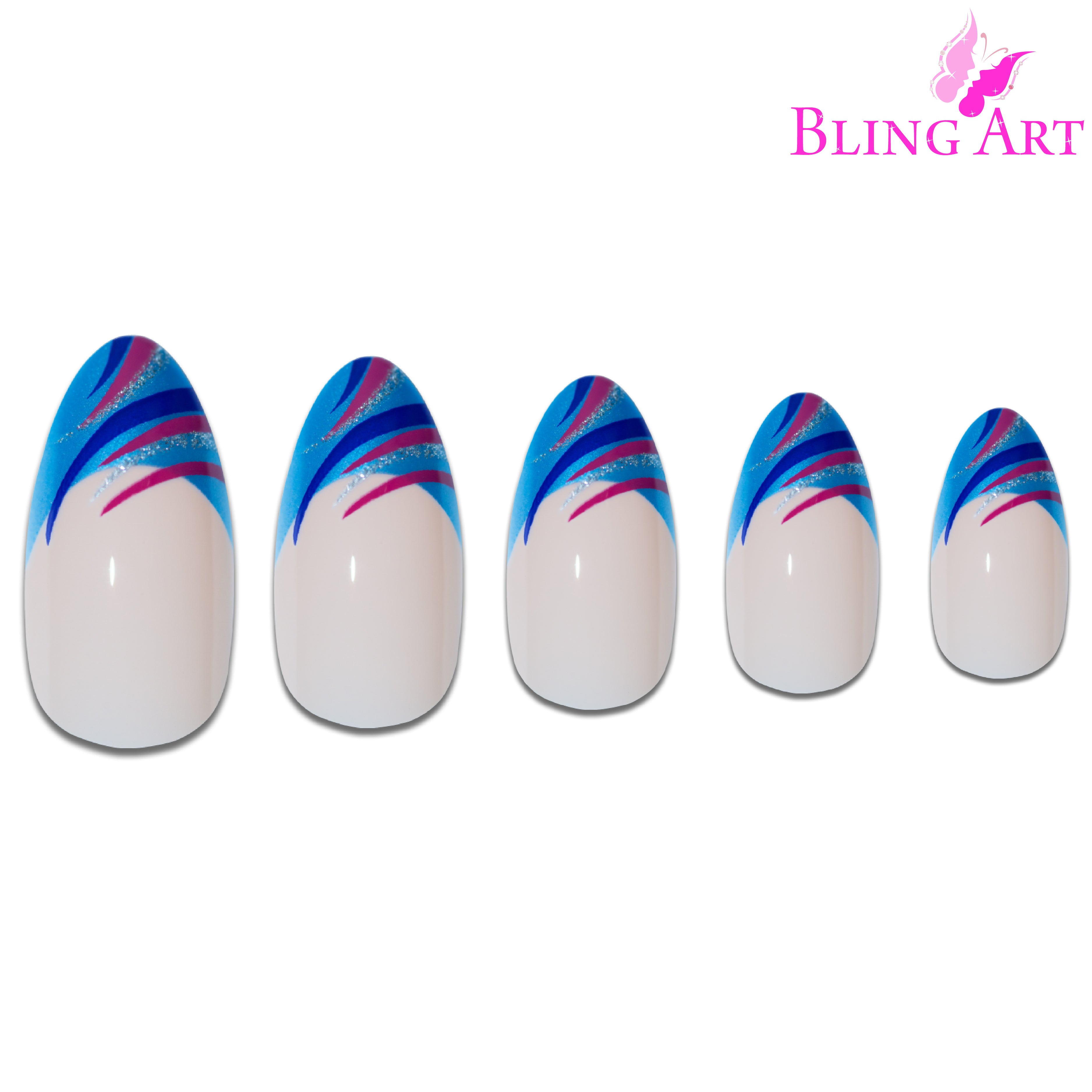 Blue glitter almond stiletto Bling Art press-on nails — alternative angle revealing the glitter density on the long almond stiletto shape.