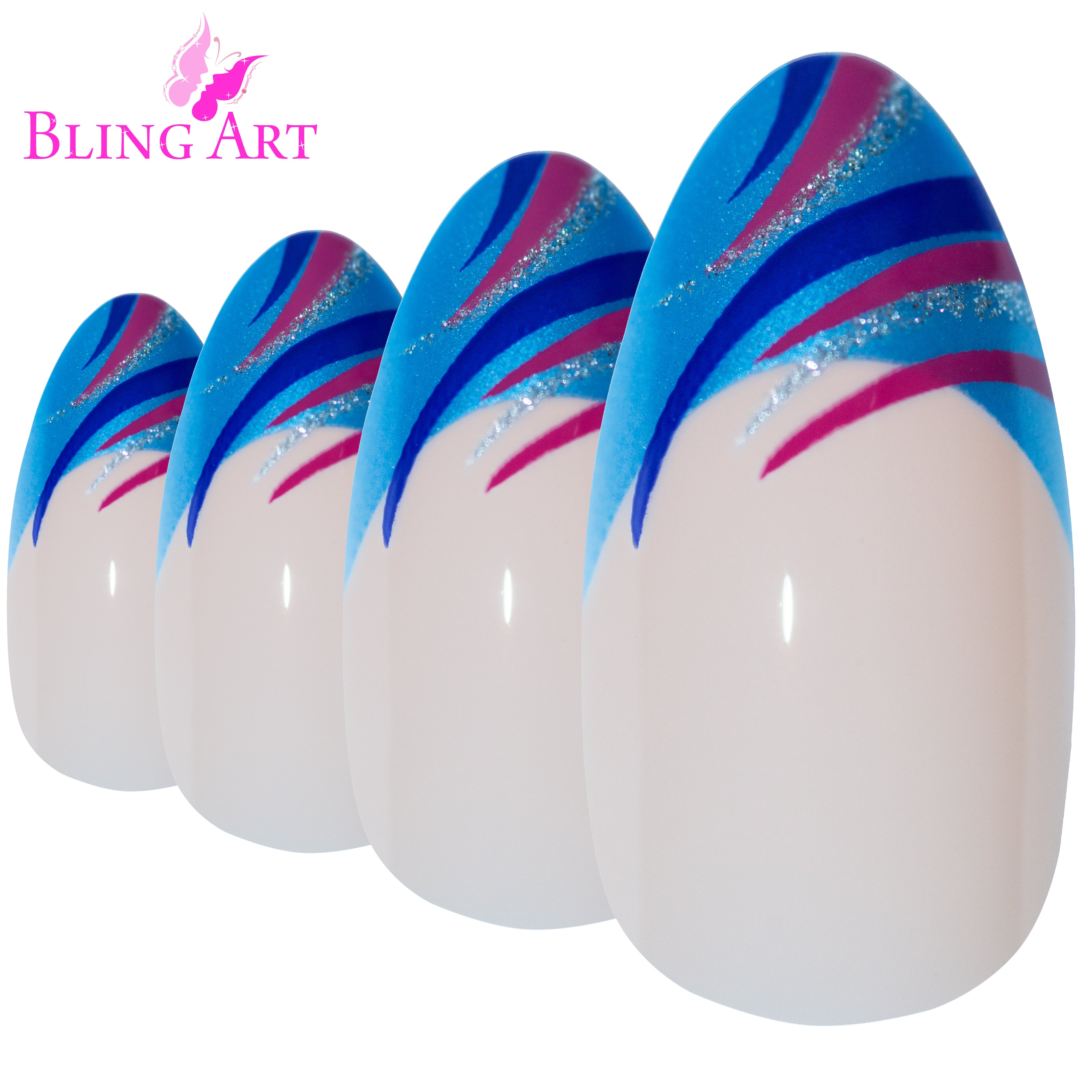 Blue glitter almond stiletto Bling Art press-on nails — worn-hand close-up showing the vibrant blue sparkle on long pointed almond stiletto tips. Almond = Stiletto (same shape).