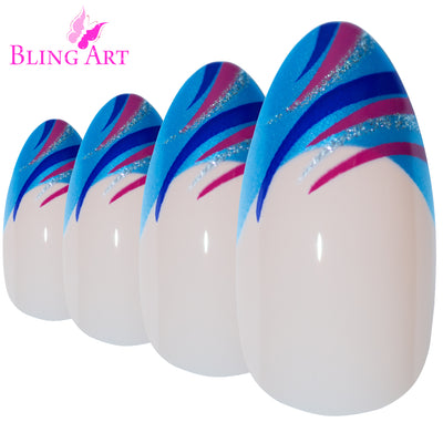 Blue glitter almond stiletto Bling Art press-on nails — worn-hand close-up showing the vibrant blue sparkle on long pointed almond stiletto tips. Almond = Stiletto (same shape).