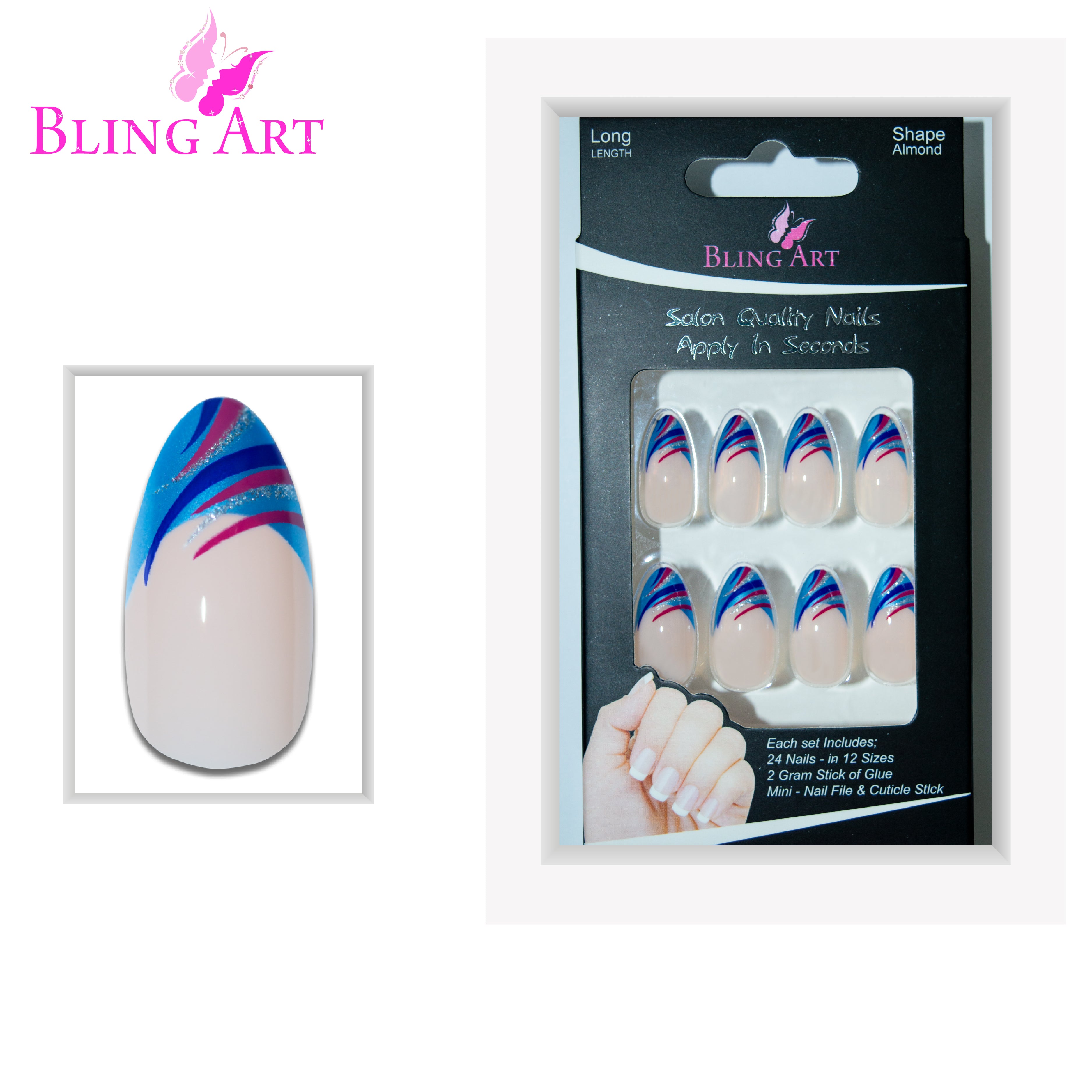 Blue glitter almond stiletto Bling Art press-on nails — full-hand reveal showing all 24 nails for summer and festival events.