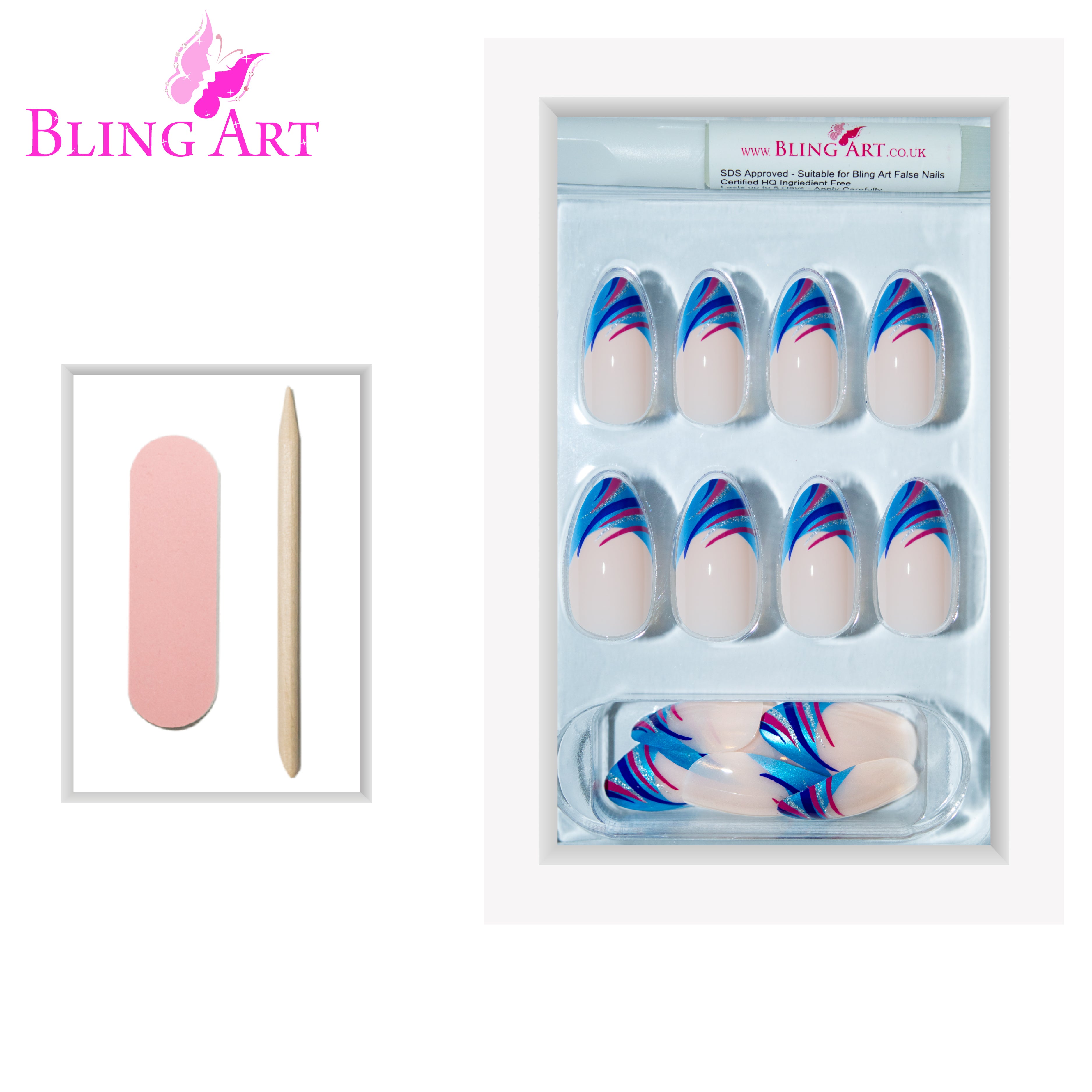 Bling Art Blue glitter almond stiletto press-on nail set packaging — 24 nails, 12 sizes XS-XXL, file and cuticle stick included. Glue not included.