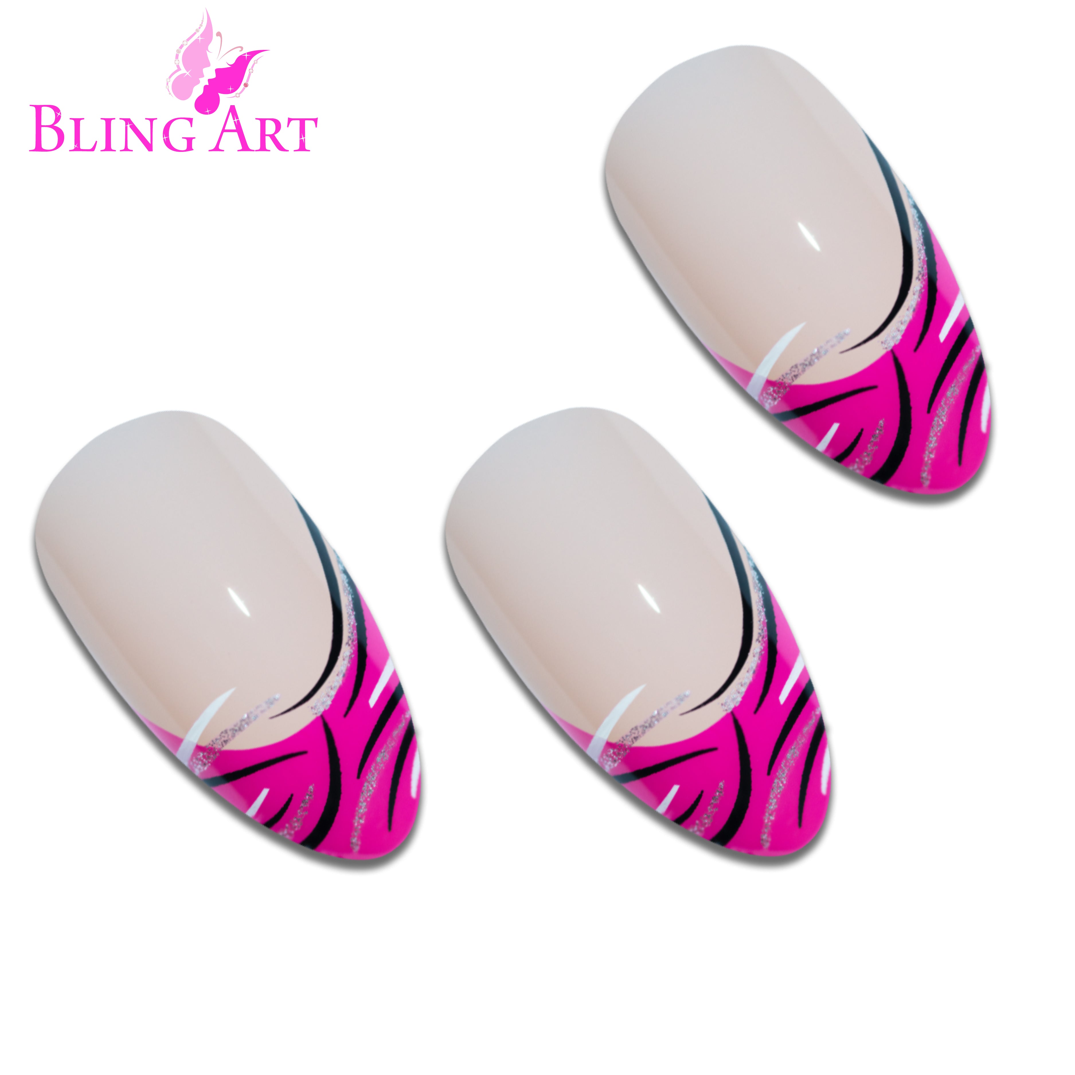 Pink glitter almond stiletto Bling Art press-on nails — lifestyle context shot showing the vibrant feminine pink sparkle.