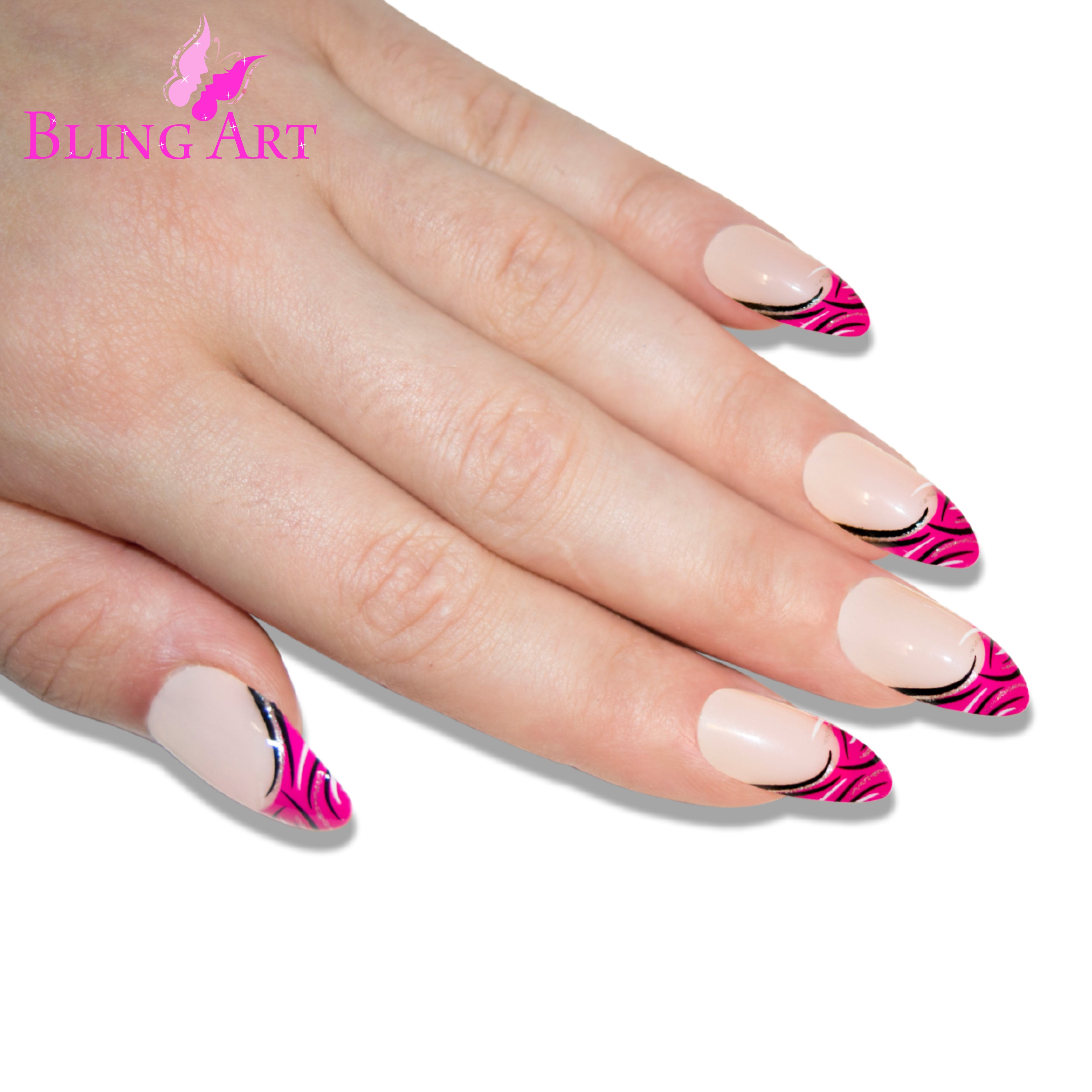 Bling Art Pink glitter almond stiletto press-on nail set packaging — 24 nails, 12 sizes XS-XXL, file and cuticle stick included. Glue not included.