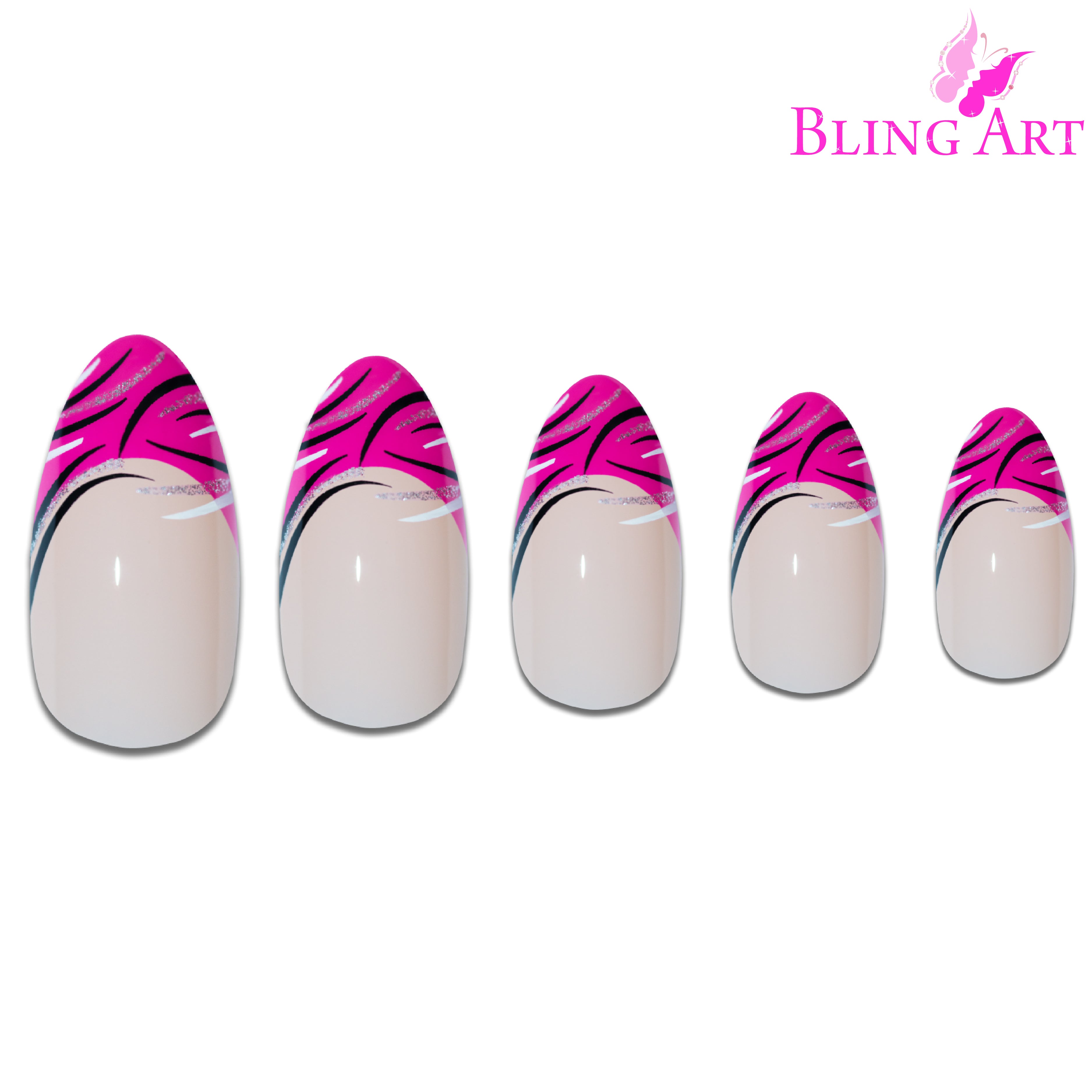 Pink glitter almond stiletto Bling Art press-on nails — alternative angle revealing the glitter density on the long almond stiletto shape.