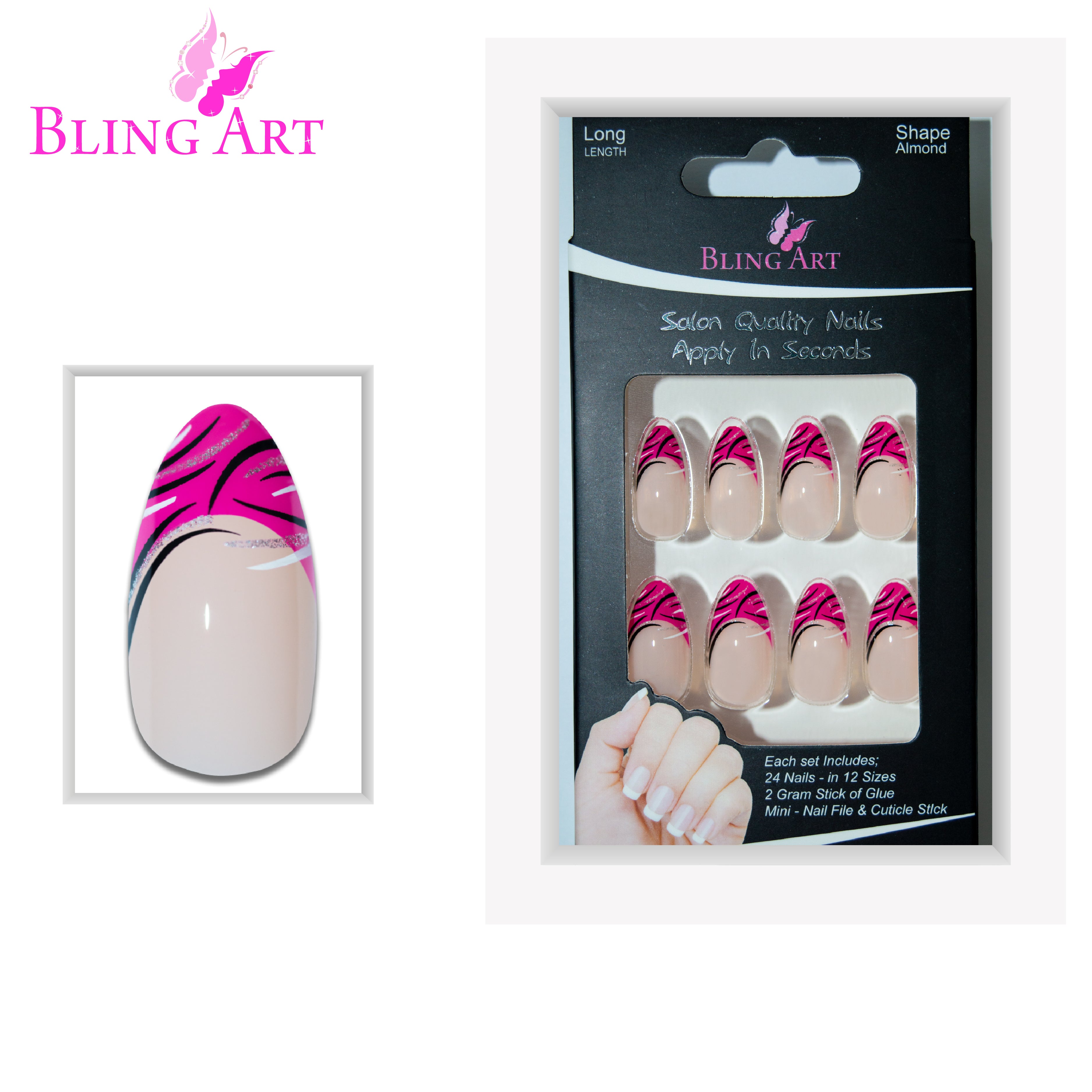 Pink glitter almond stiletto Bling Art press-on nails — full-hand reveal showing all 24 nails for summer events and date nights.