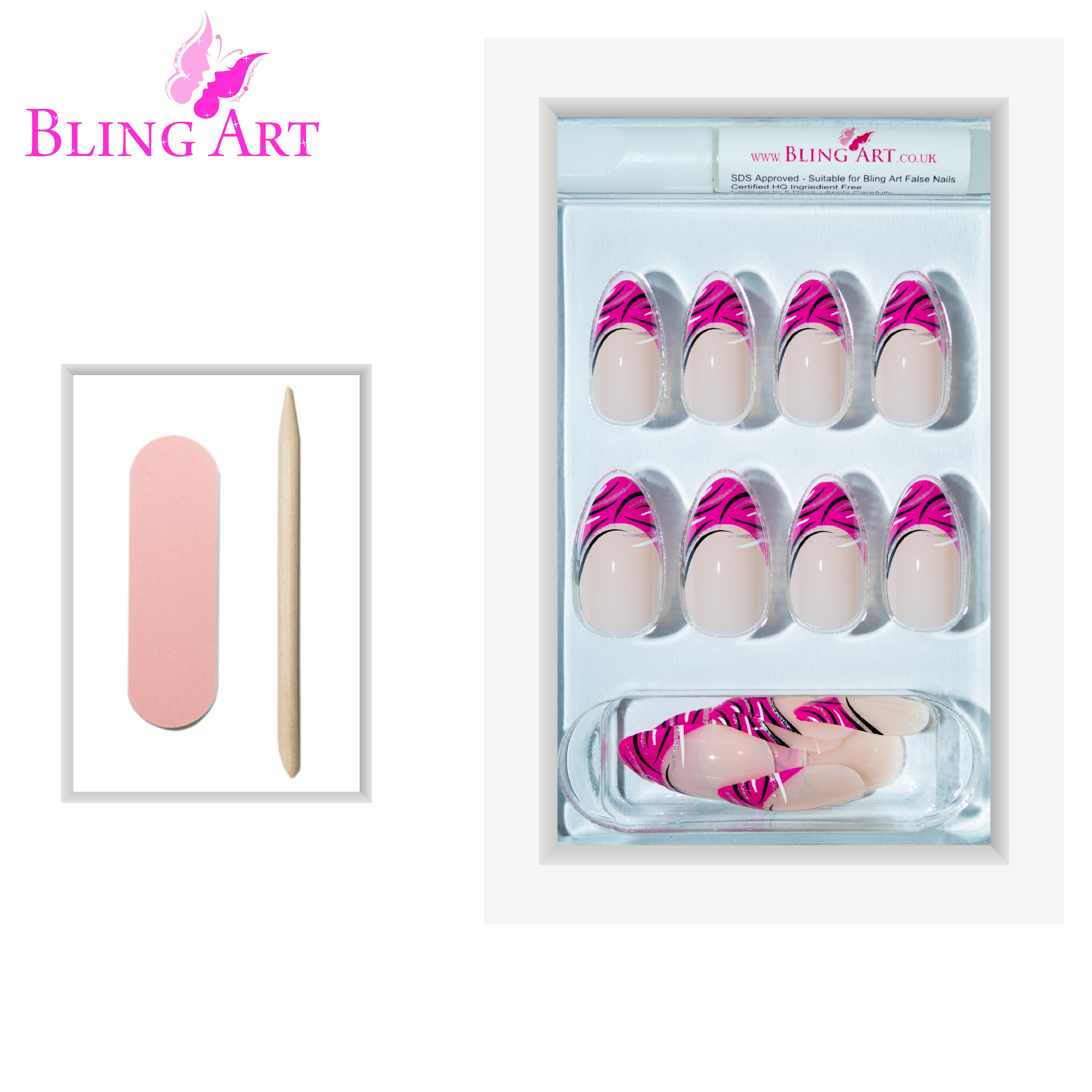 Pink glitter almond stiletto Bling Art press-on nails — additional product view showing the pink glitter long tip silhouette.