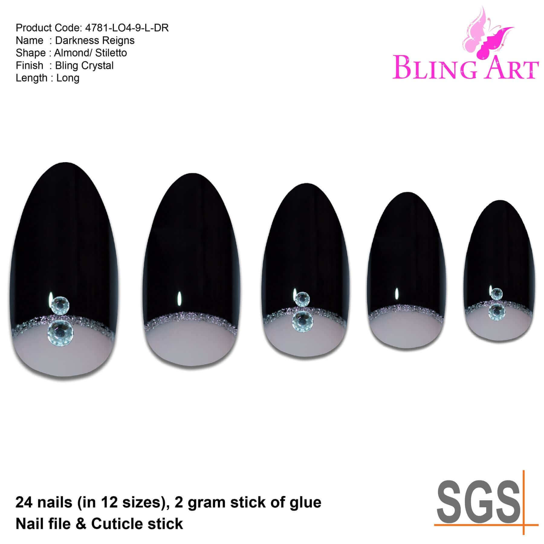 False Nails Bling Art Black Glitter Almond Stiletto Long Fake Acrylic Tips & Glue