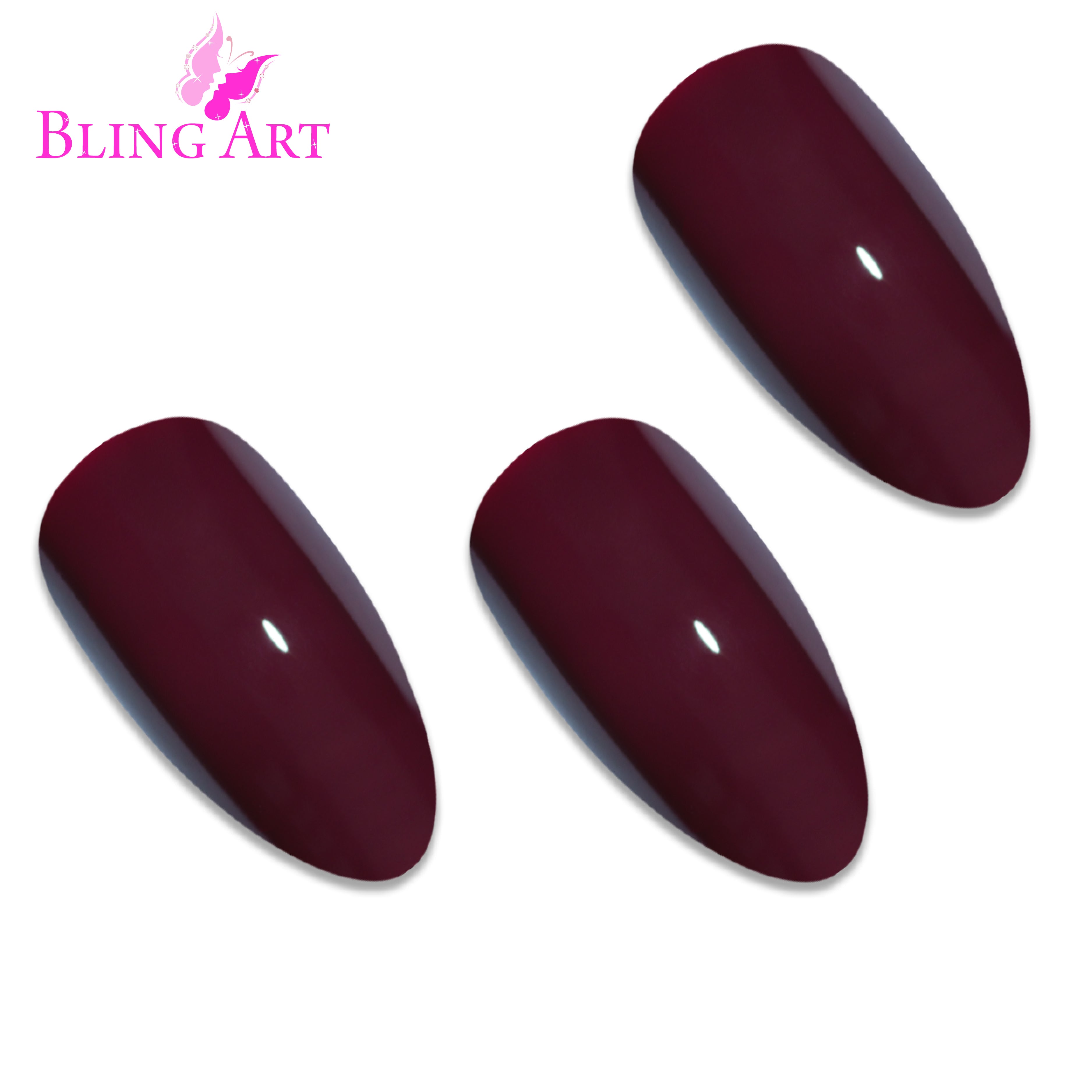 Brown Red almond stiletto Bling Art press-on nails — alternative angle revealing the bond line on the long almond stiletto shape.