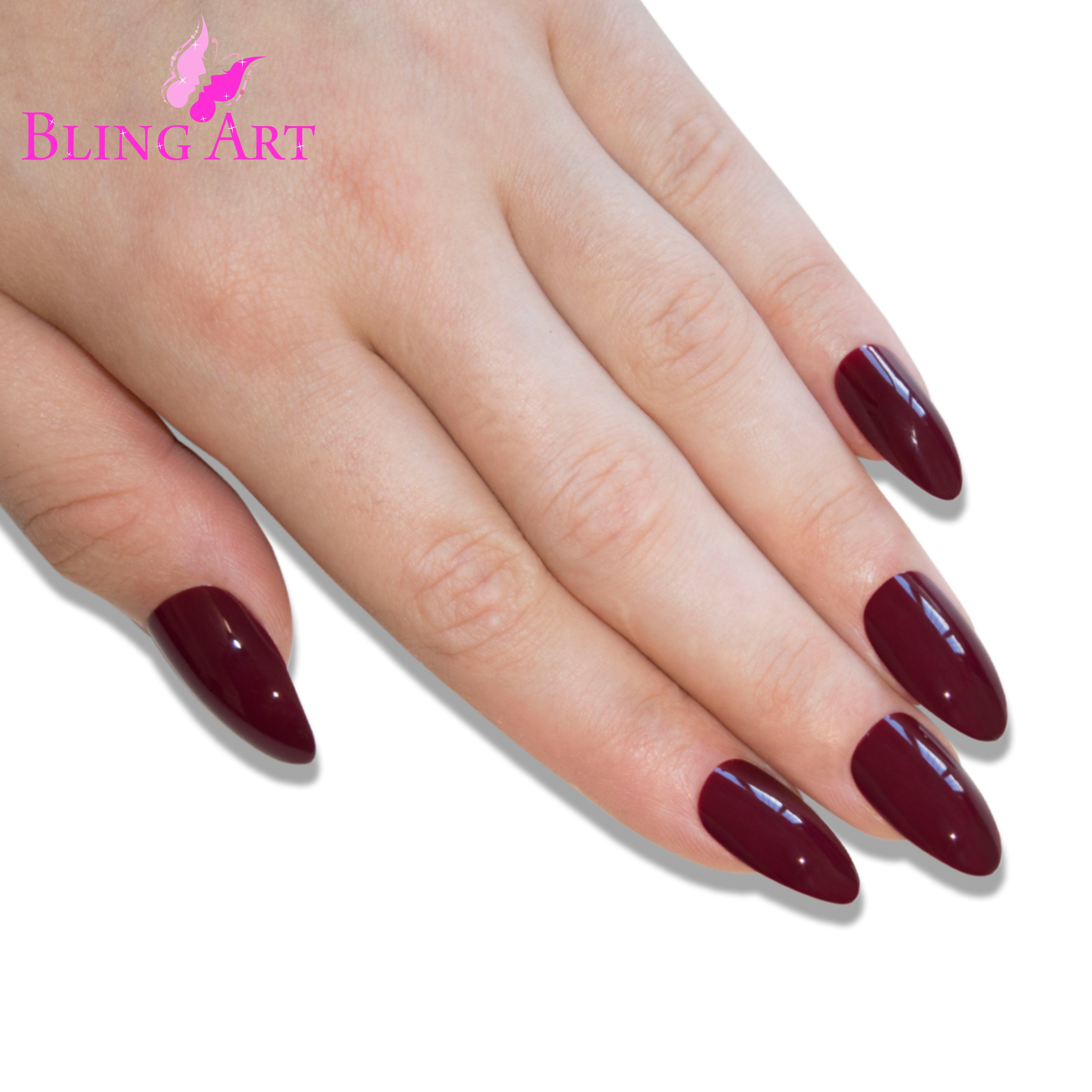 Brown Red almond stiletto Bling Art press-on nails — full-hand reveal showing all 24 nails for autumnal seasonal events and everyday wear.