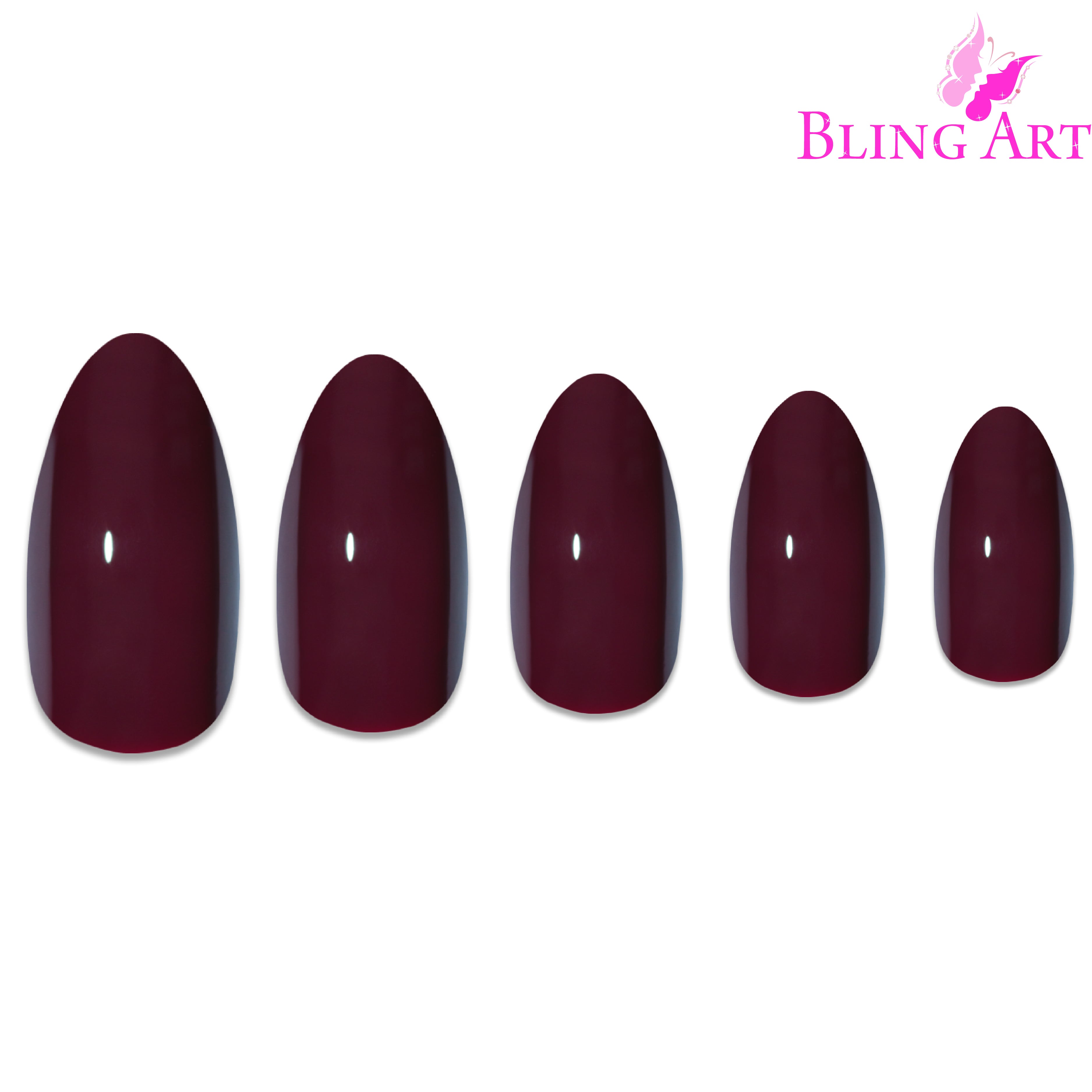 Brown Red almond stiletto Bling Art press-on nails — lifestyle context shot showing the warm autumnal cherry brown-red finish.