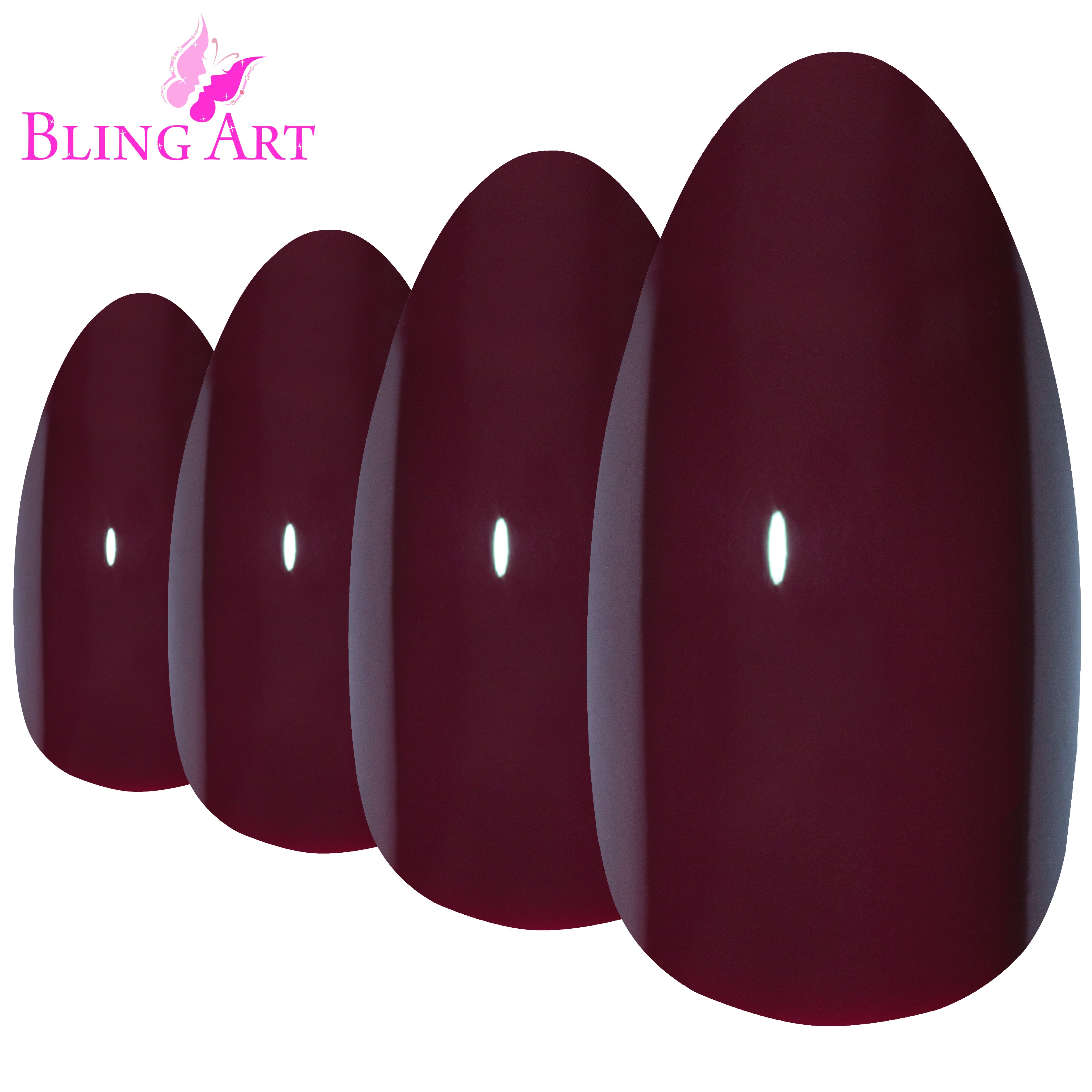 Brown Red almond stiletto Bling Art press-on nails — worn-hand close-up showing the warm cherry brown-red on long pointed almond stiletto tips. Almond = Stiletto (same shape).