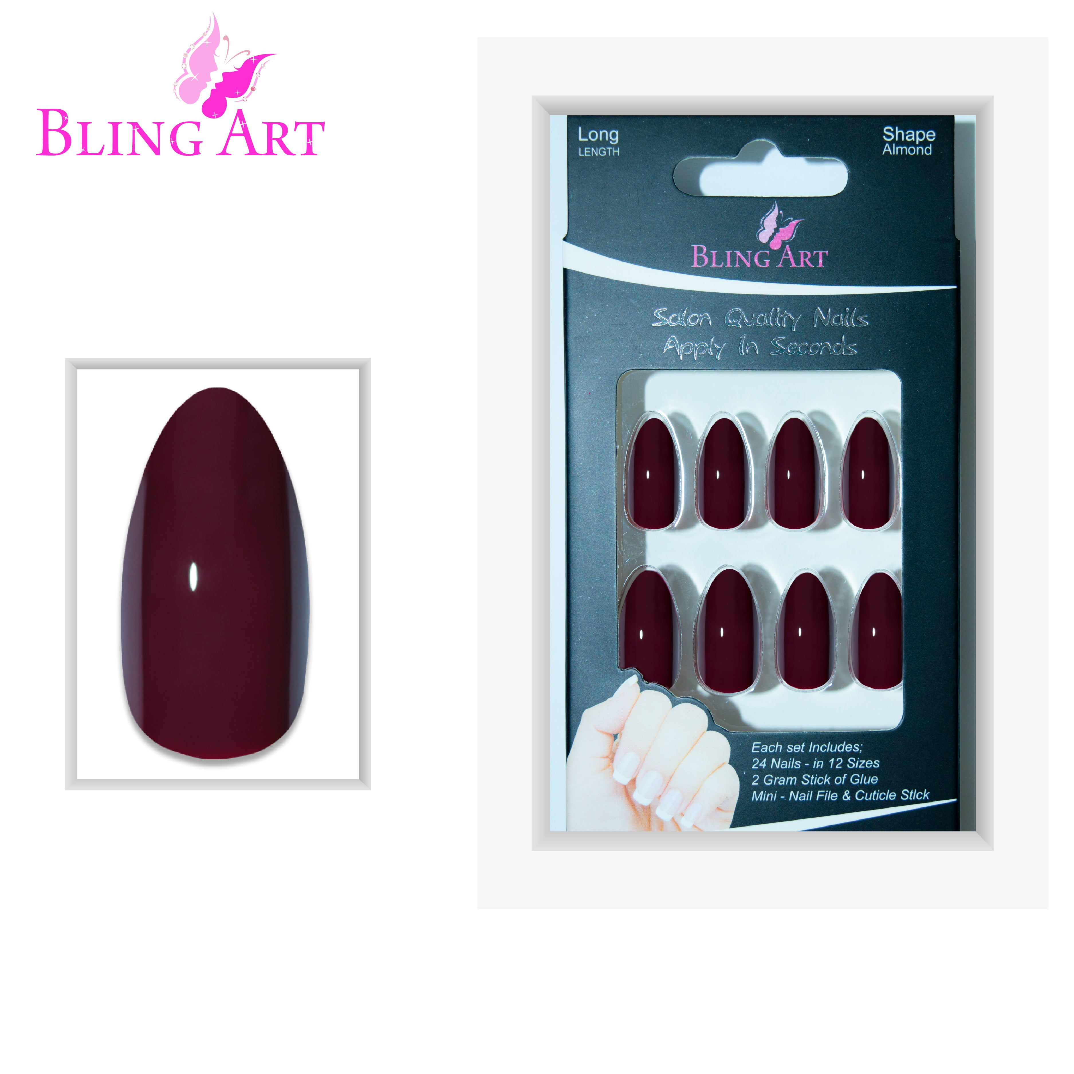 Bling Art Brown Red almond stiletto press-on nail set packaging — 24 nails, 12 sizes XS-XXL, file and cuticle stick included. Glue not included.