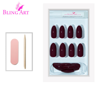 Cherry brown-red almond stiletto long press-on false nails by Bling Art — warm autumnal twist for seasonal events and everyday wear · high-shine finish · long almond stiletto tips · 24 nails per set with adhesive · designed in Yorkshire