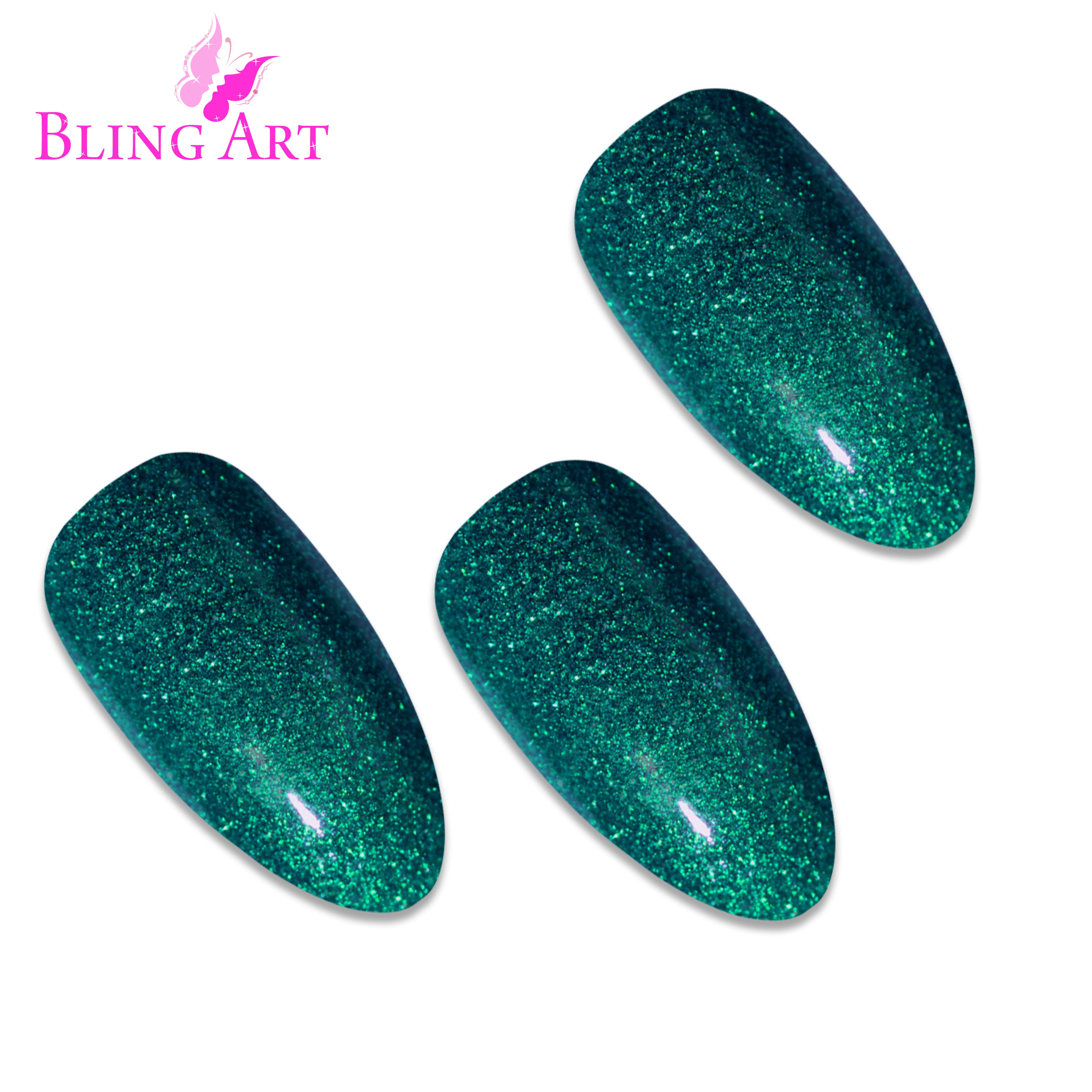 Bling Art Green gel almond stiletto press-on nail set packaging — 24 nails, 12 sizes XS-XXL, file and cuticle stick included. Glue not included.