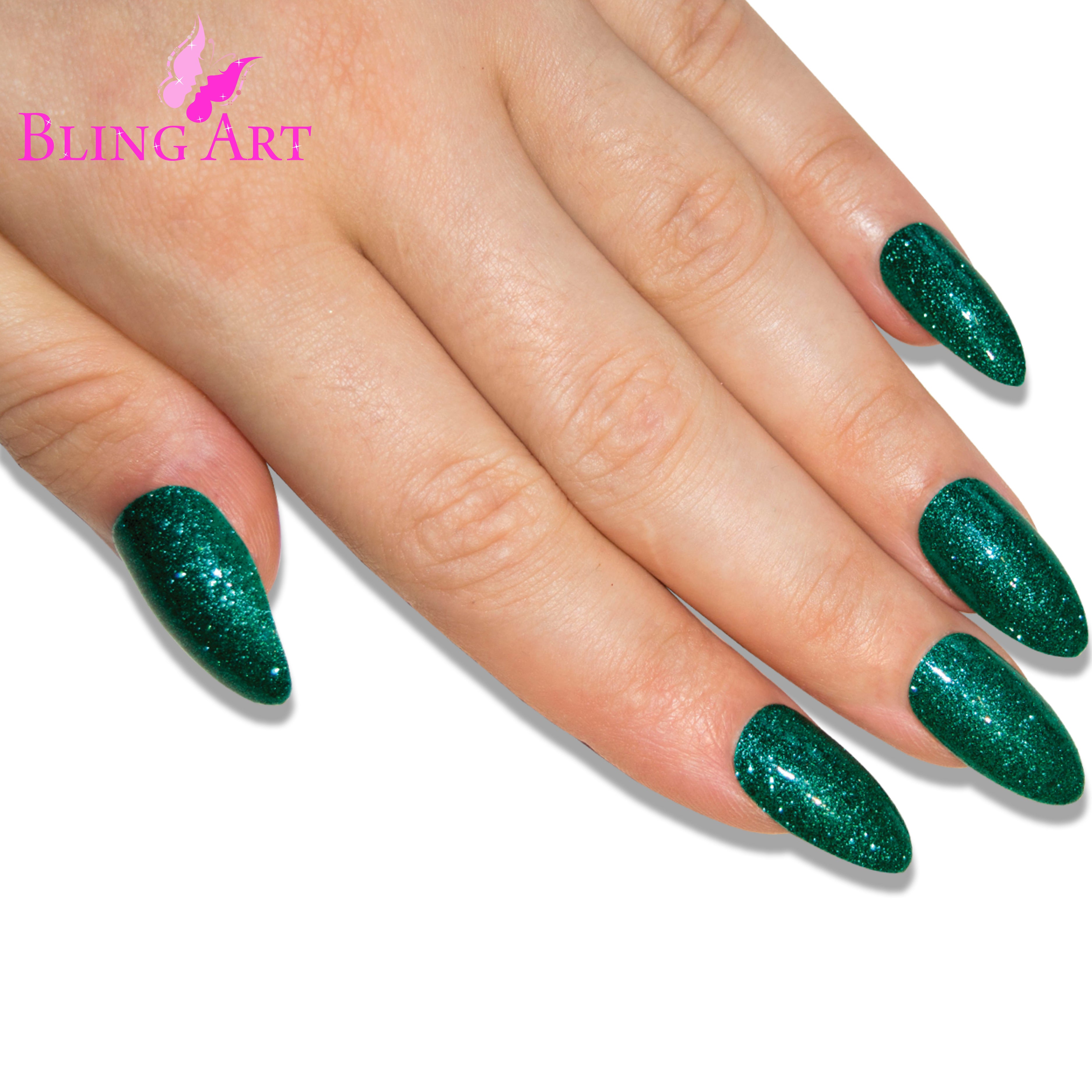 Green gel almond stiletto Bling Art press-on nails — additional product view showing the green gel long tip silhouette.