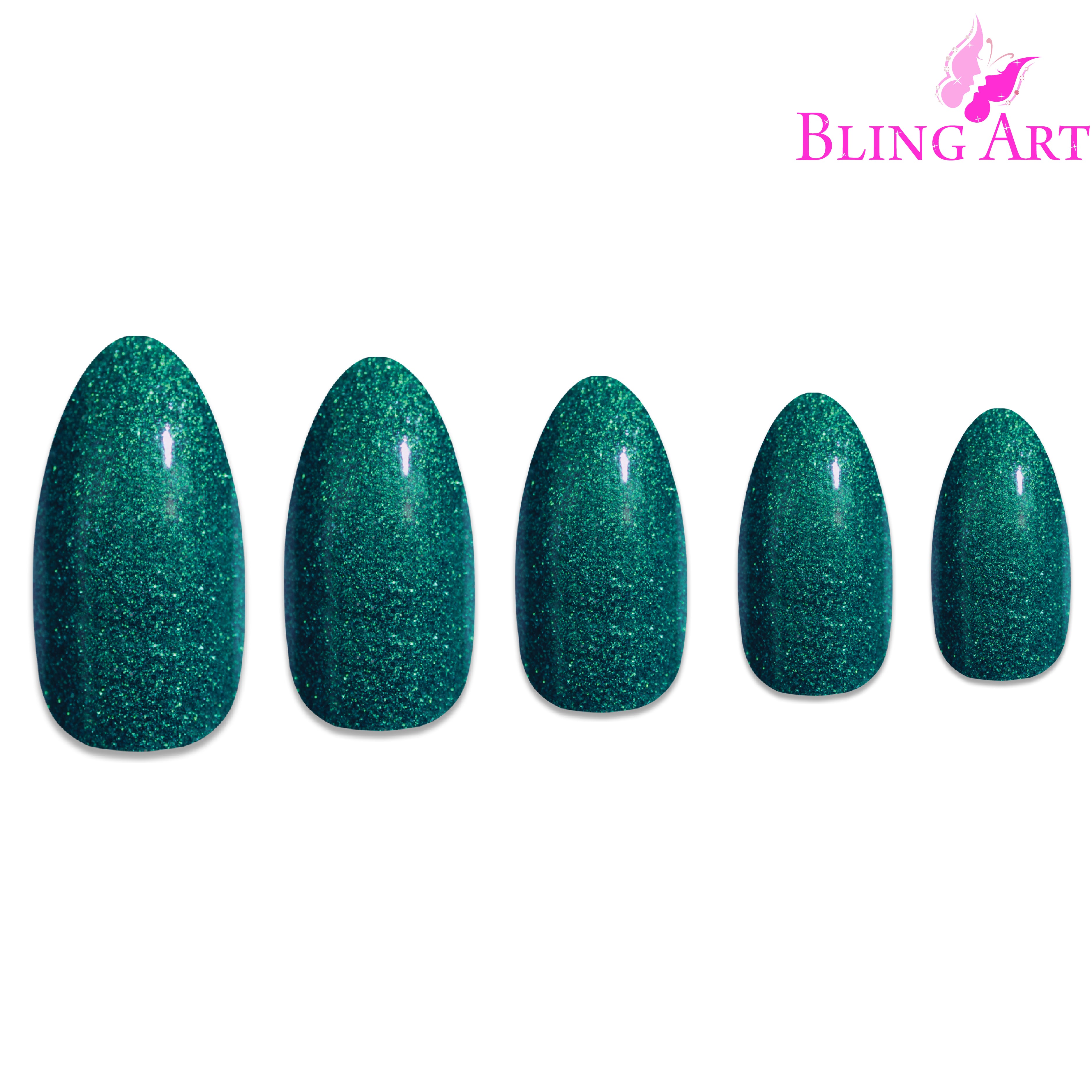 Green gel almond stiletto Bling Art press-on nails — alternative angle revealing the bond line on the long almond stiletto shape.
