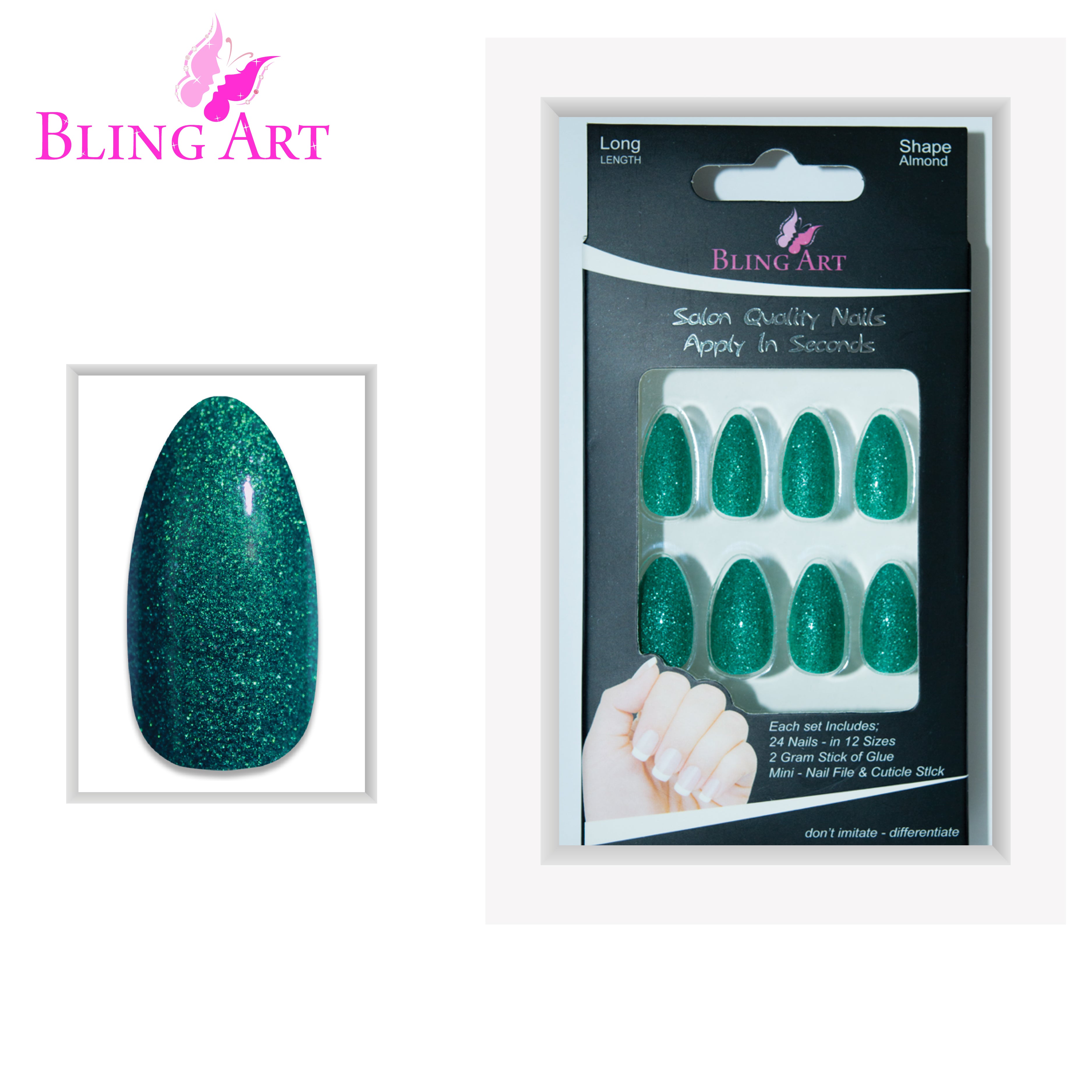 Green gel almond stiletto Bling Art press-on nails — full-hand reveal showing all 24 nails for festivals and statement events.