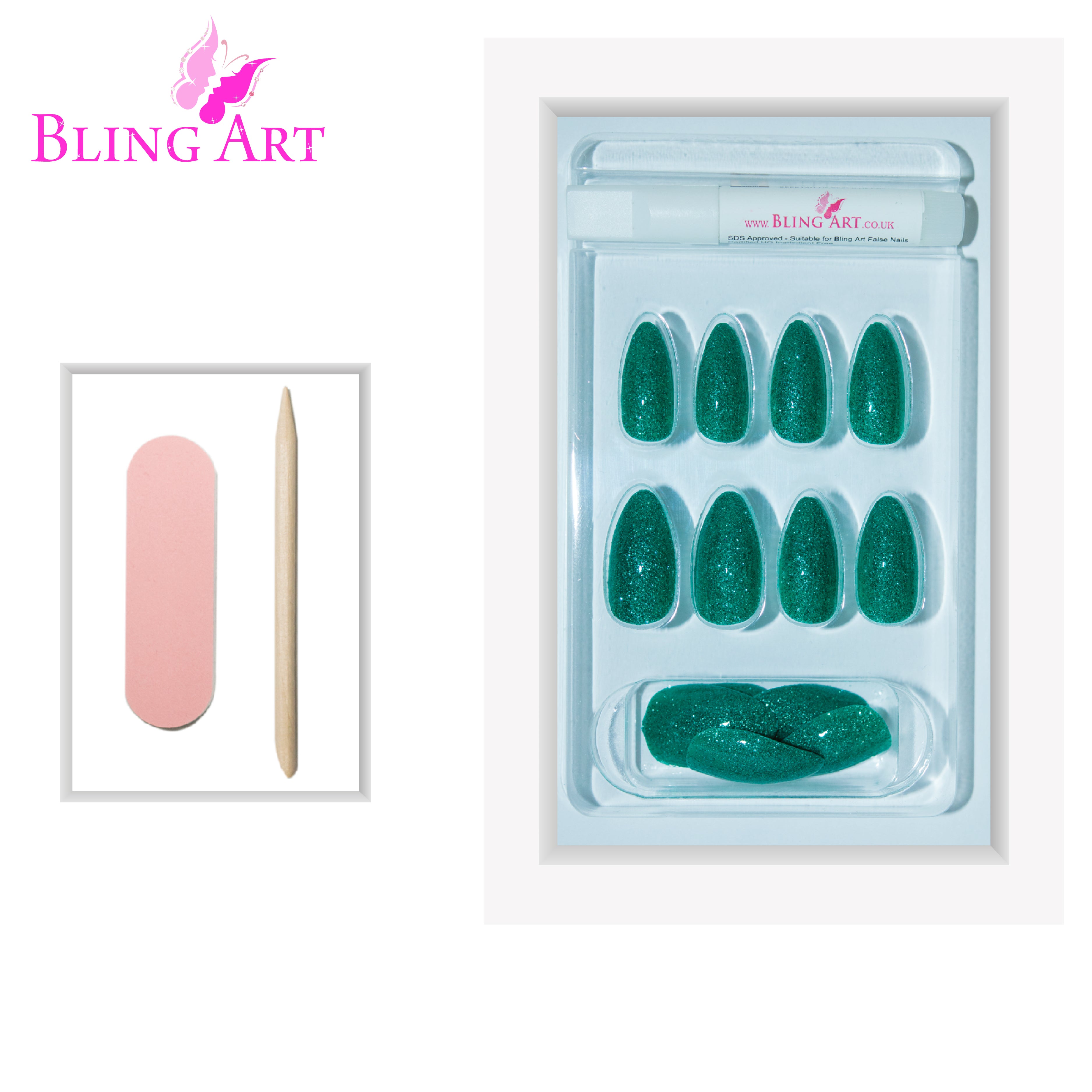 Green gel almond stiletto Bling Art press-on nails — lifestyle context shot showing the bold emerald-green high-shine gel.