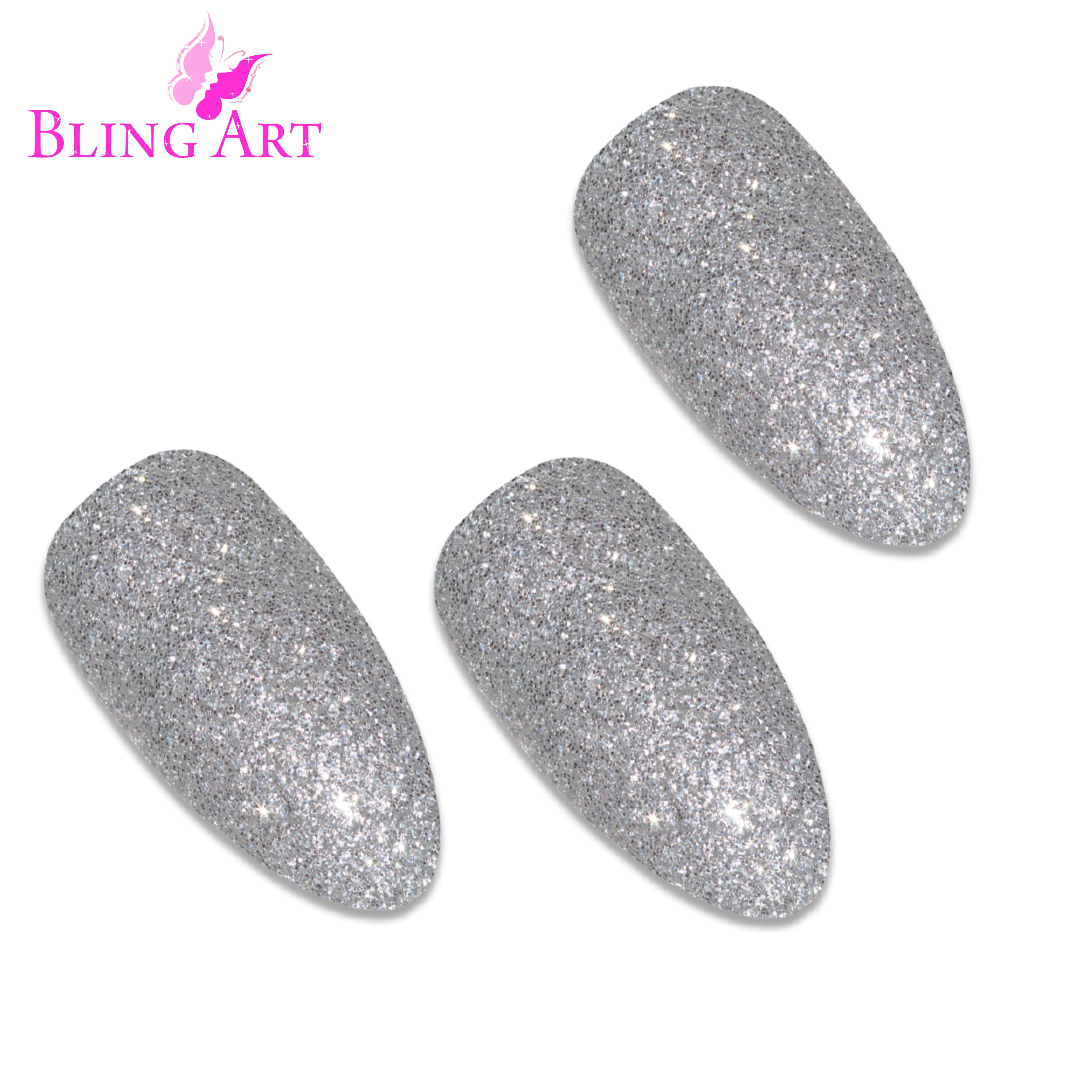 Silver gel almond stiletto Bling Art press-on nails — alternative angle revealing the bond line on the long almond stiletto shape.