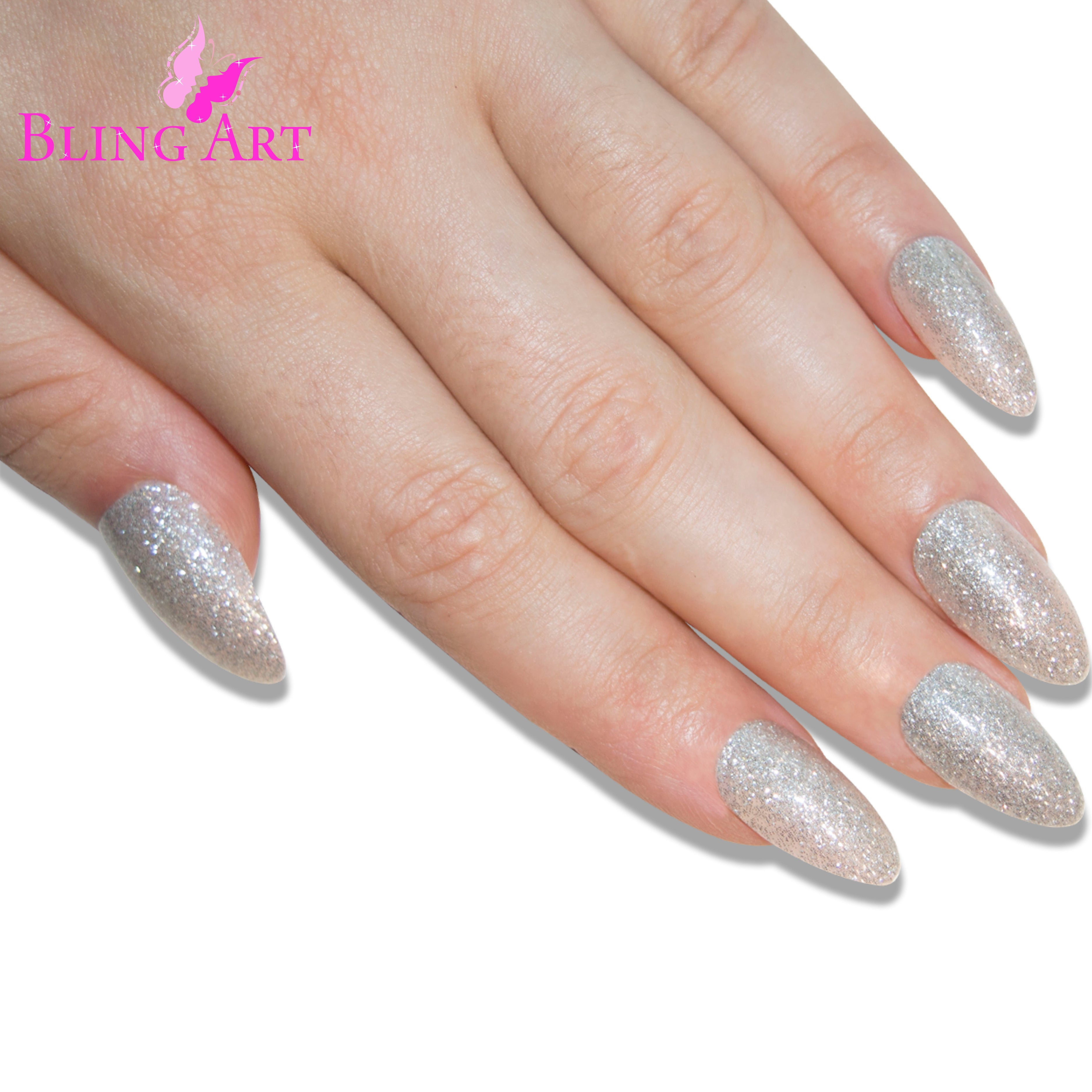 Silver gel almond stiletto Bling Art press-on nails — full-hand reveal showing all 24 nails for parties and Christmas events.