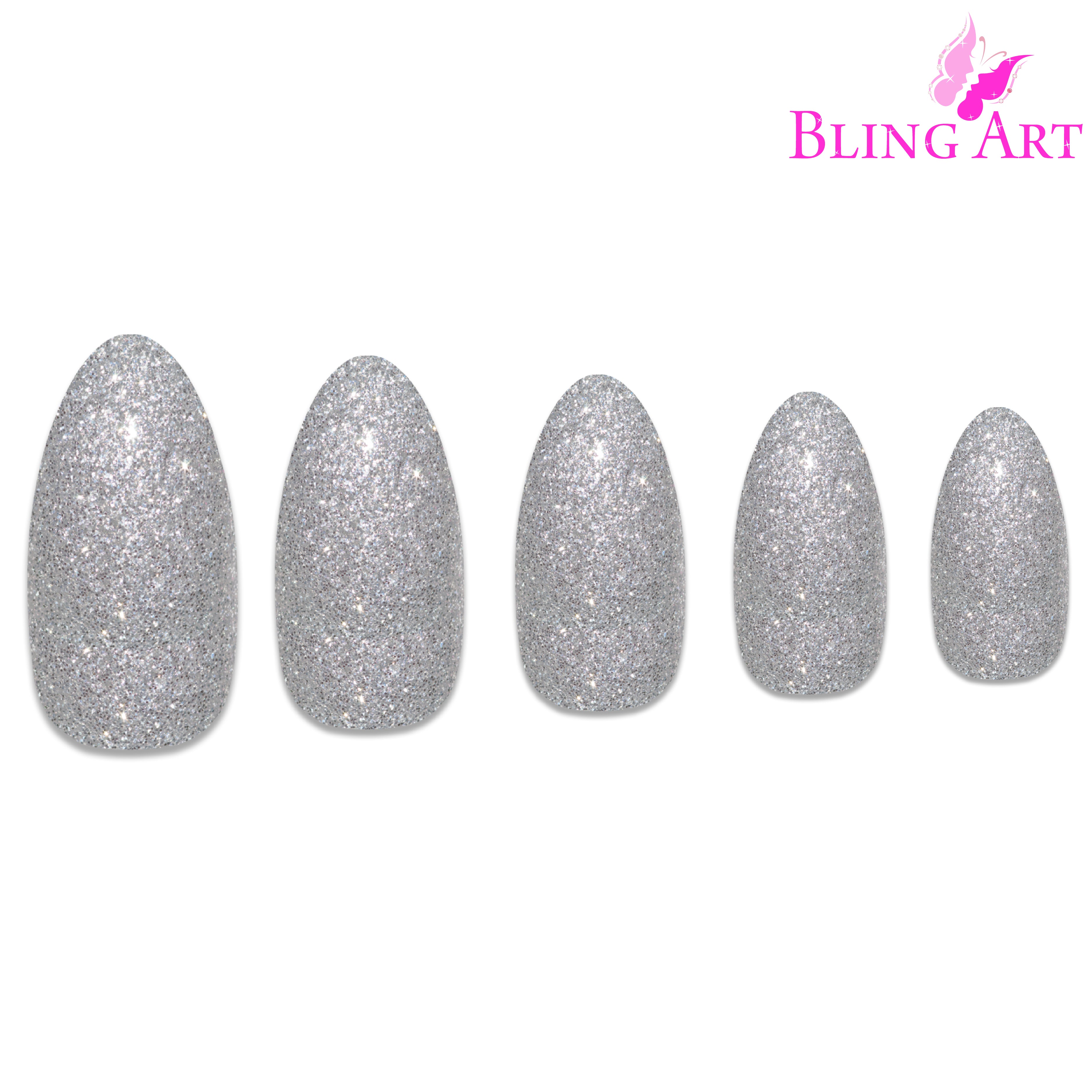 Silver gel almond stiletto Bling Art press-on nails — lifestyle context shot showing the sleek chrome silver high-shine.