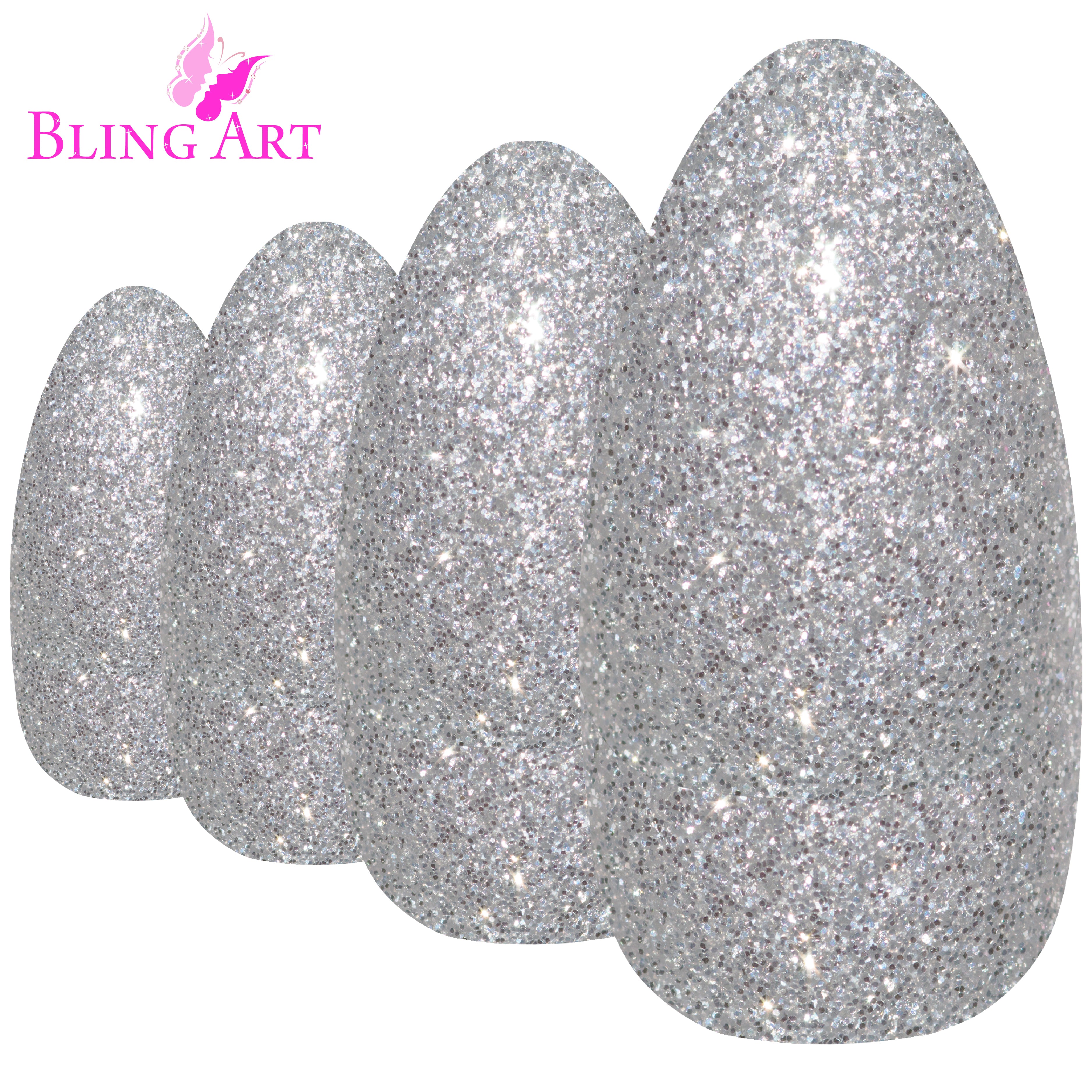 Silver gel almond stiletto Bling Art press-on nails — additional product view showing the silver gel long tip silhouette.