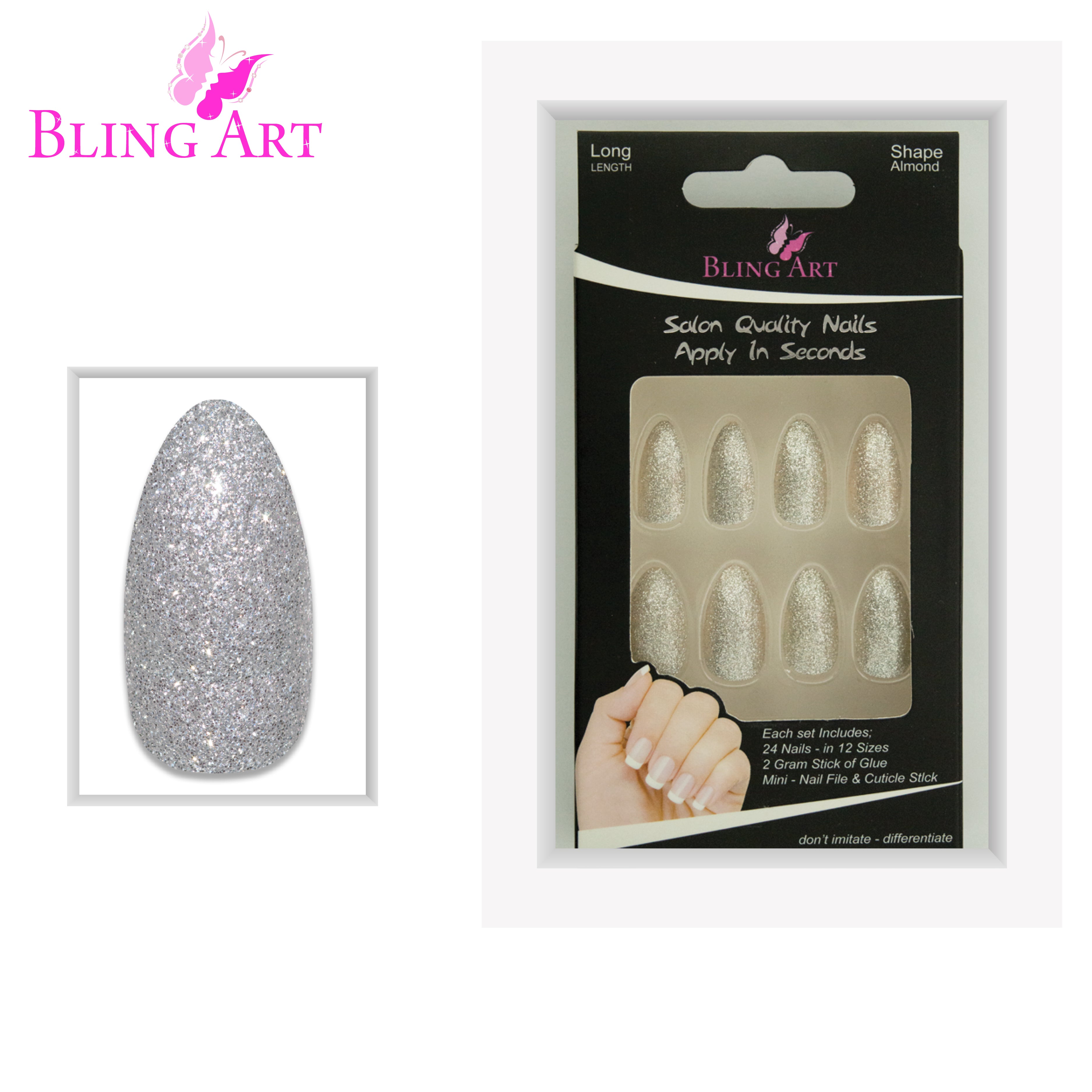 Bling Art Silver gel almond stiletto press-on nail set packaging — 24 nails, 12 sizes XS-XXL, file and cuticle stick included. Glue not included.