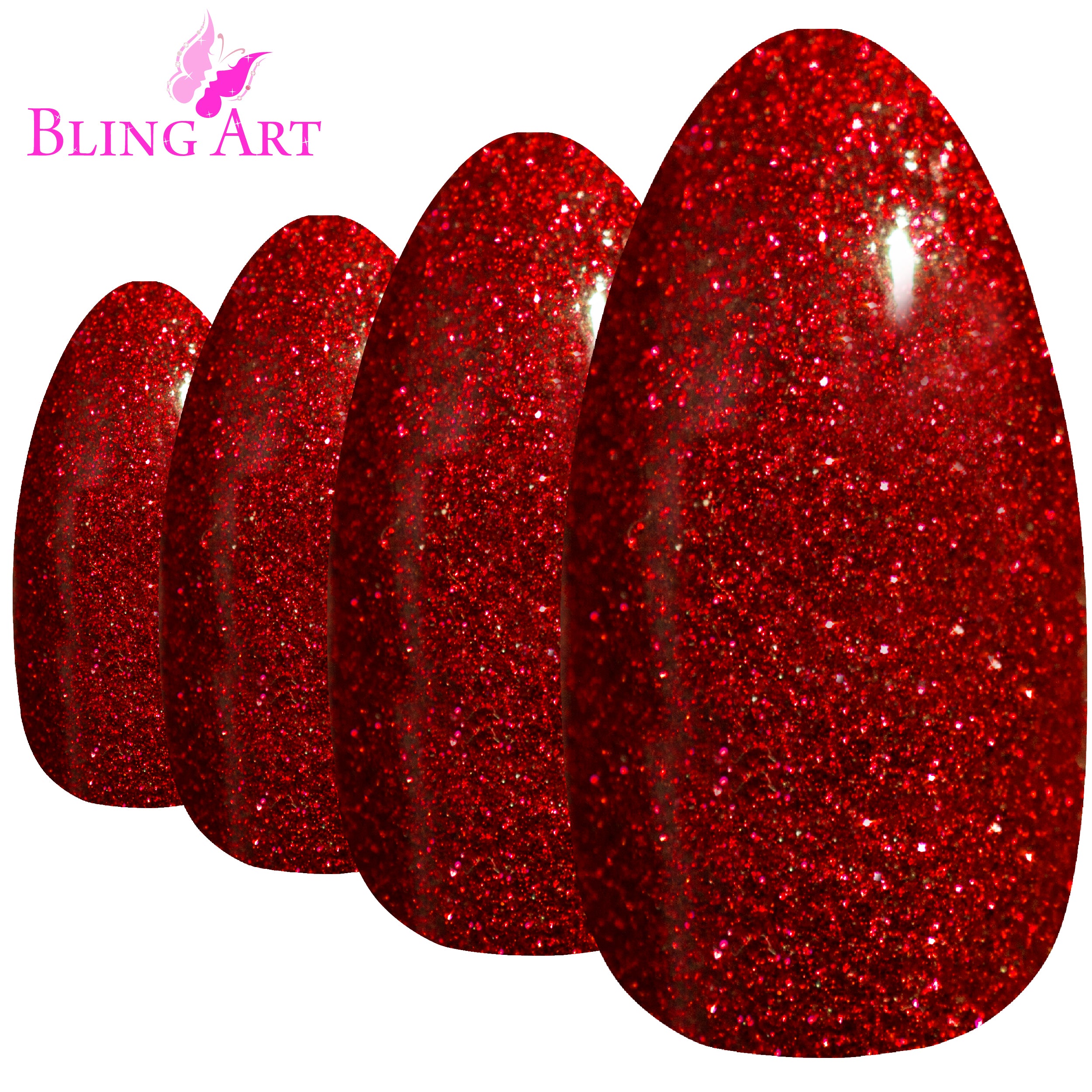 Red gel almond stiletto Bling Art press-on nails — alternative angle revealing the bond line on the long almond stiletto shape.