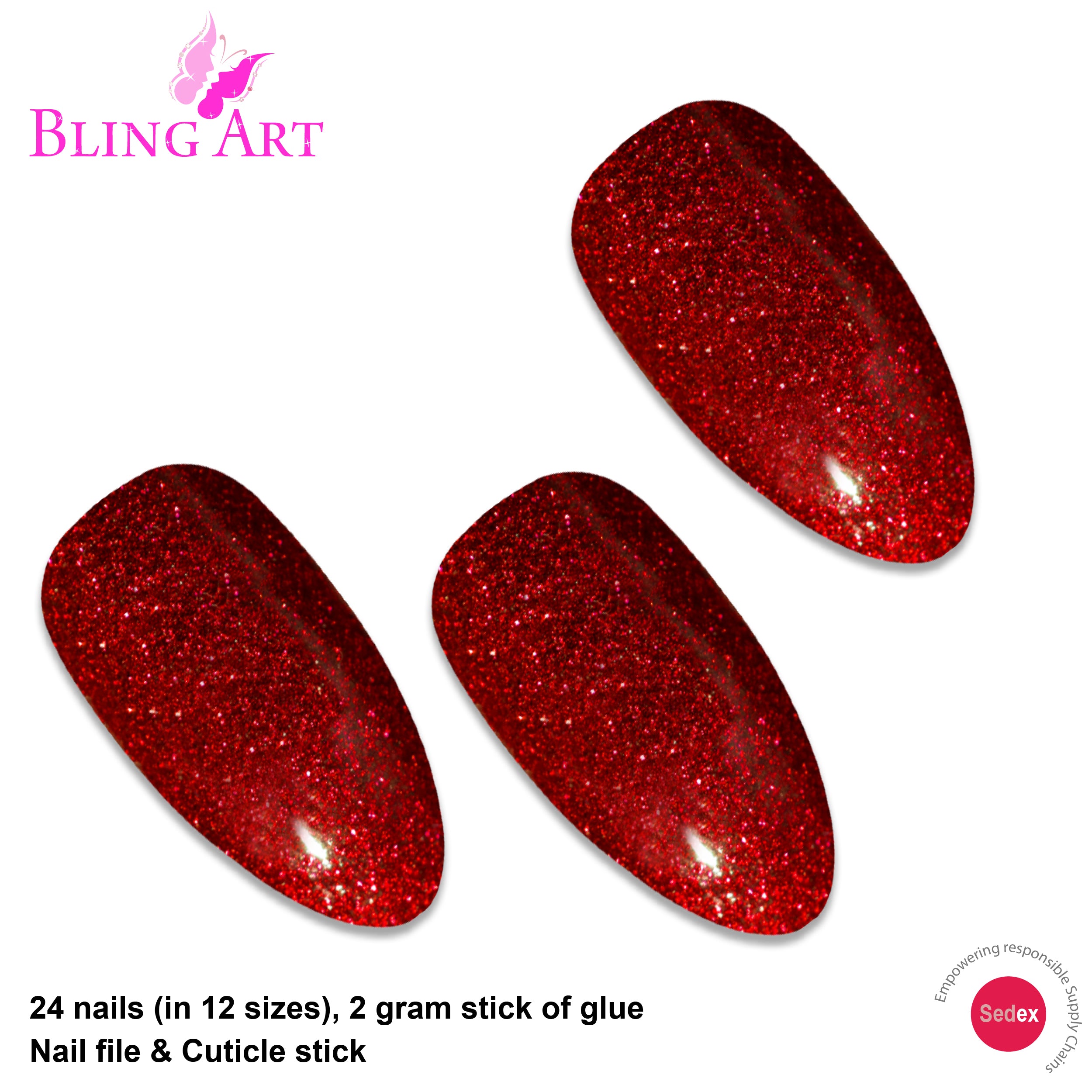 Red gel almond stiletto Bling Art press-on nails — worn-hand close-up showing the crimson gel coat on long pointed almond stiletto tips.