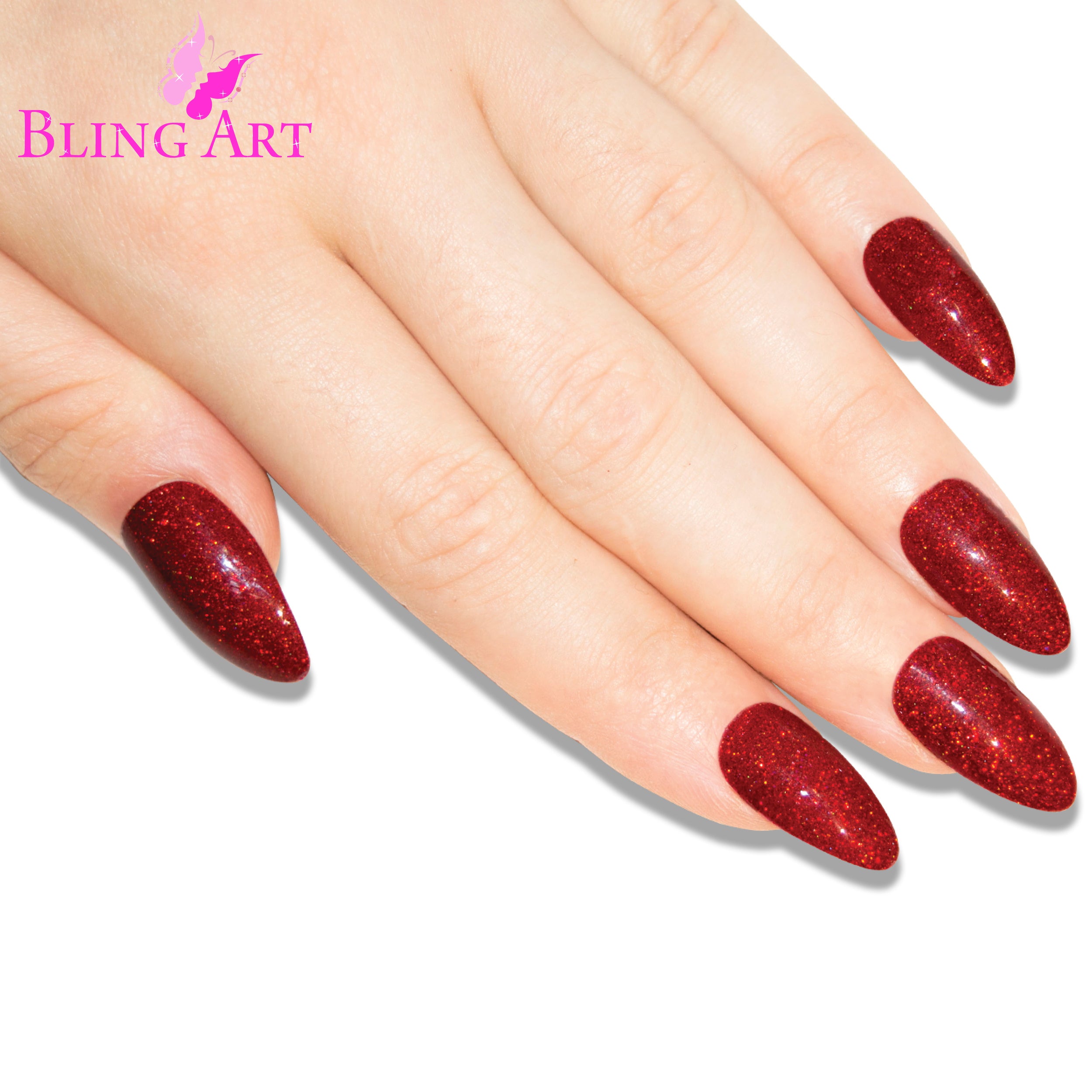 Red gel almond stiletto Bling Art press-on nails — lifestyle context shot showing the bold romantic crimson gel.