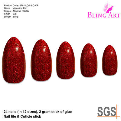 False Nails Bling Art Red Gel Almond Stiletto Long Fake Acrylic Tips with Glue