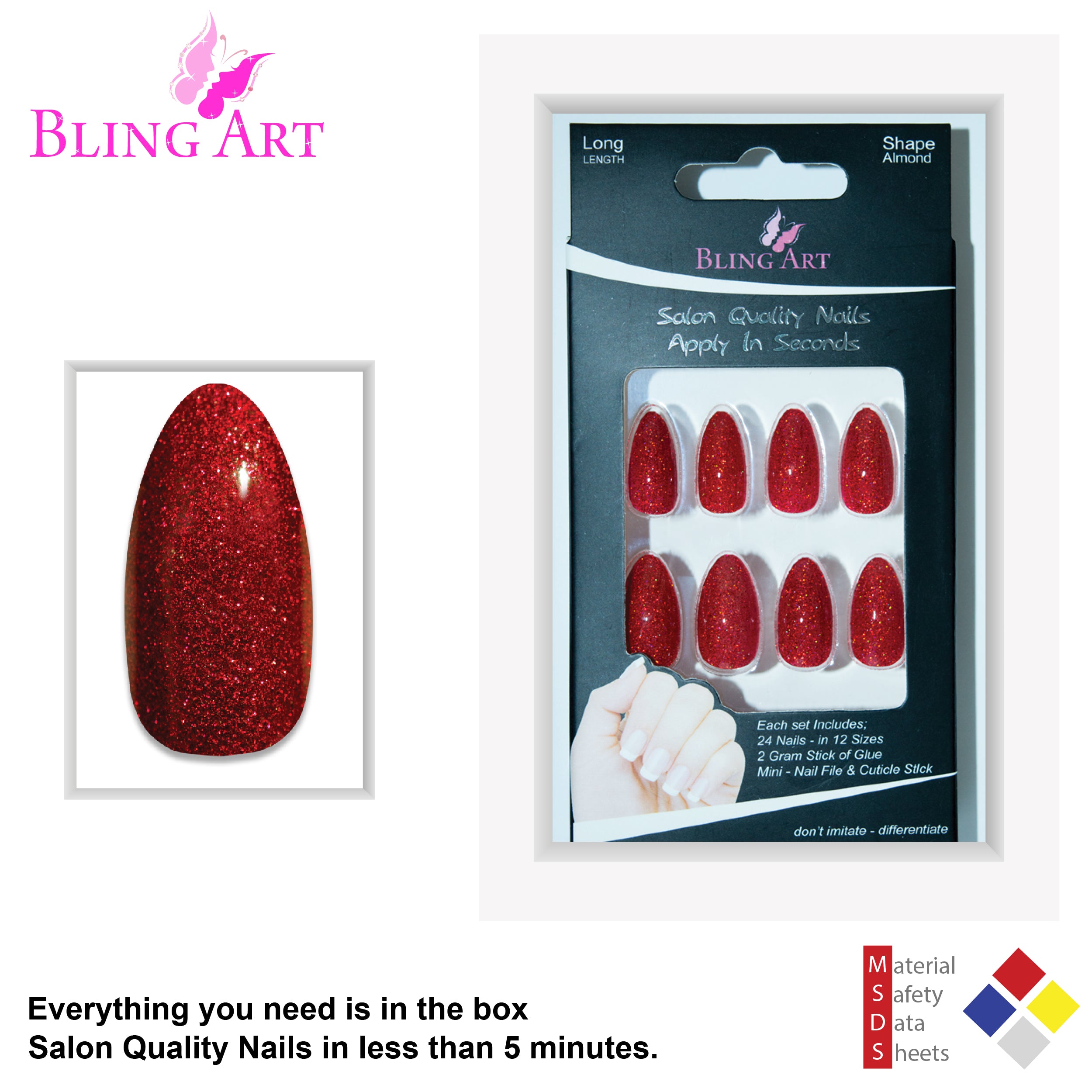 Bling Art Red gel almond stiletto press-on nail set packaging — 24 nails, 12 sizes XS-XXL, file and cuticle stick included. Glue not included.