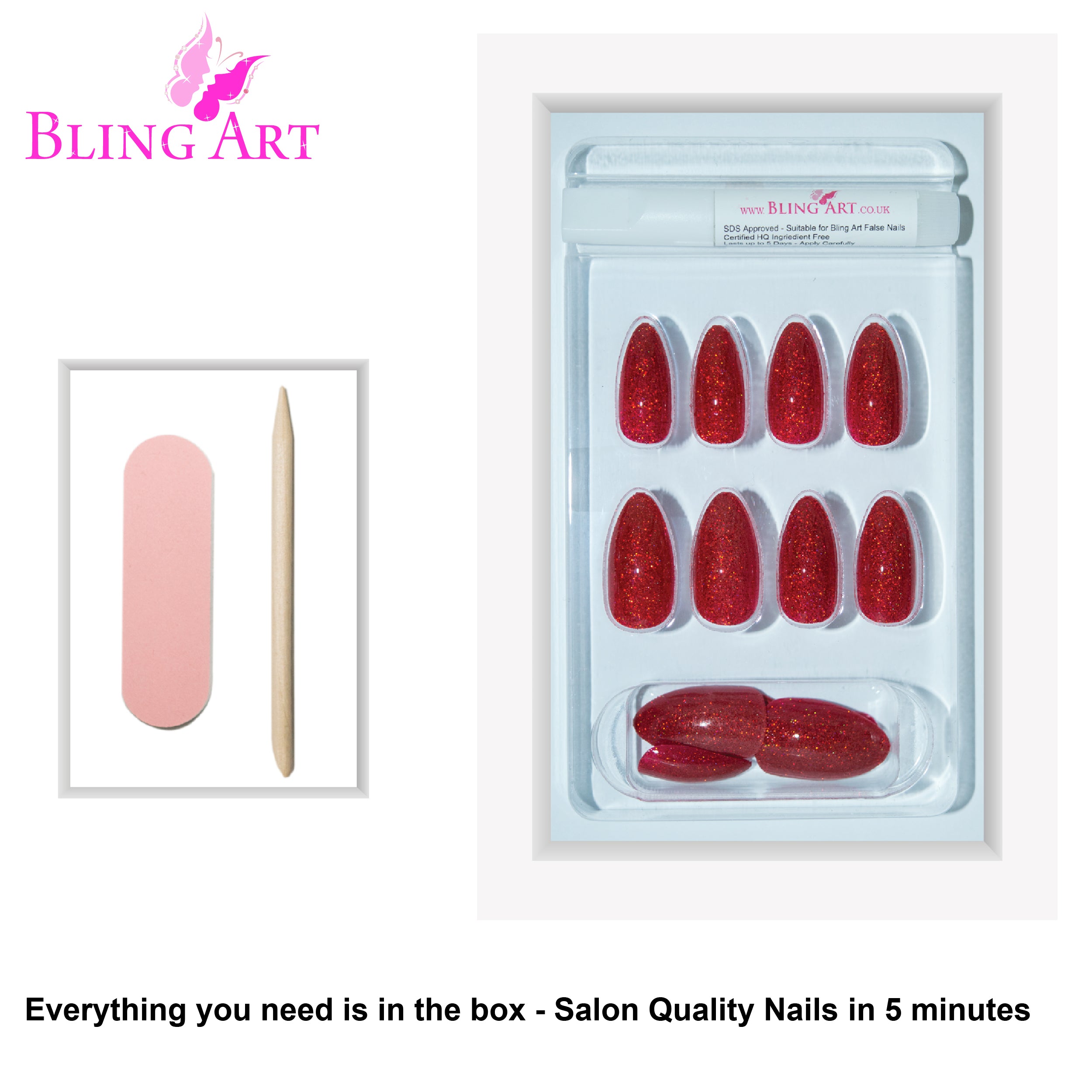 Red gel almond stiletto Bling Art press-on nails — full-hand reveal showing all 24 nails for date nights and Valentine's.