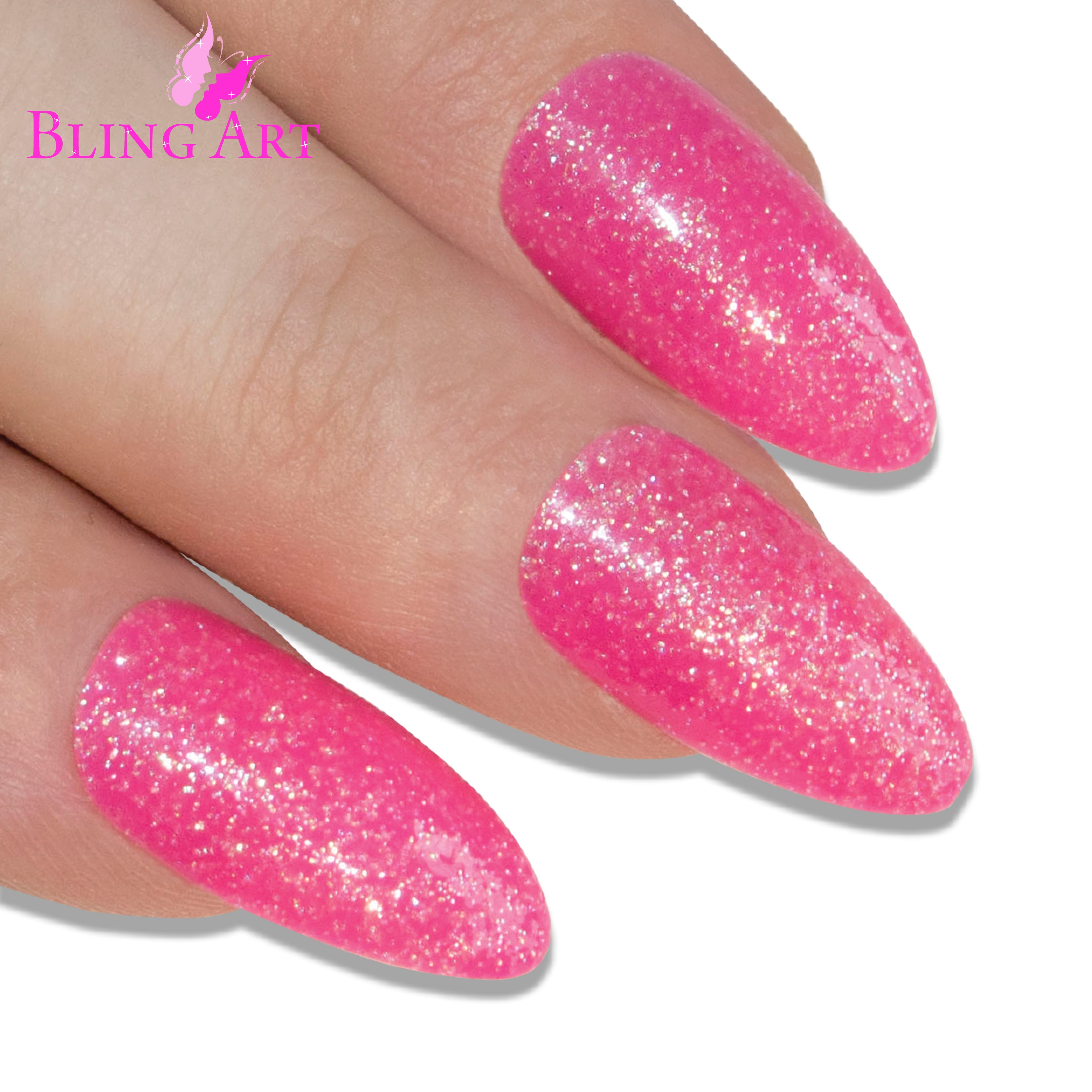 Pink gel almond stiletto Bling Art press-on nails — detail view showing the high-shine gel finish quality.
