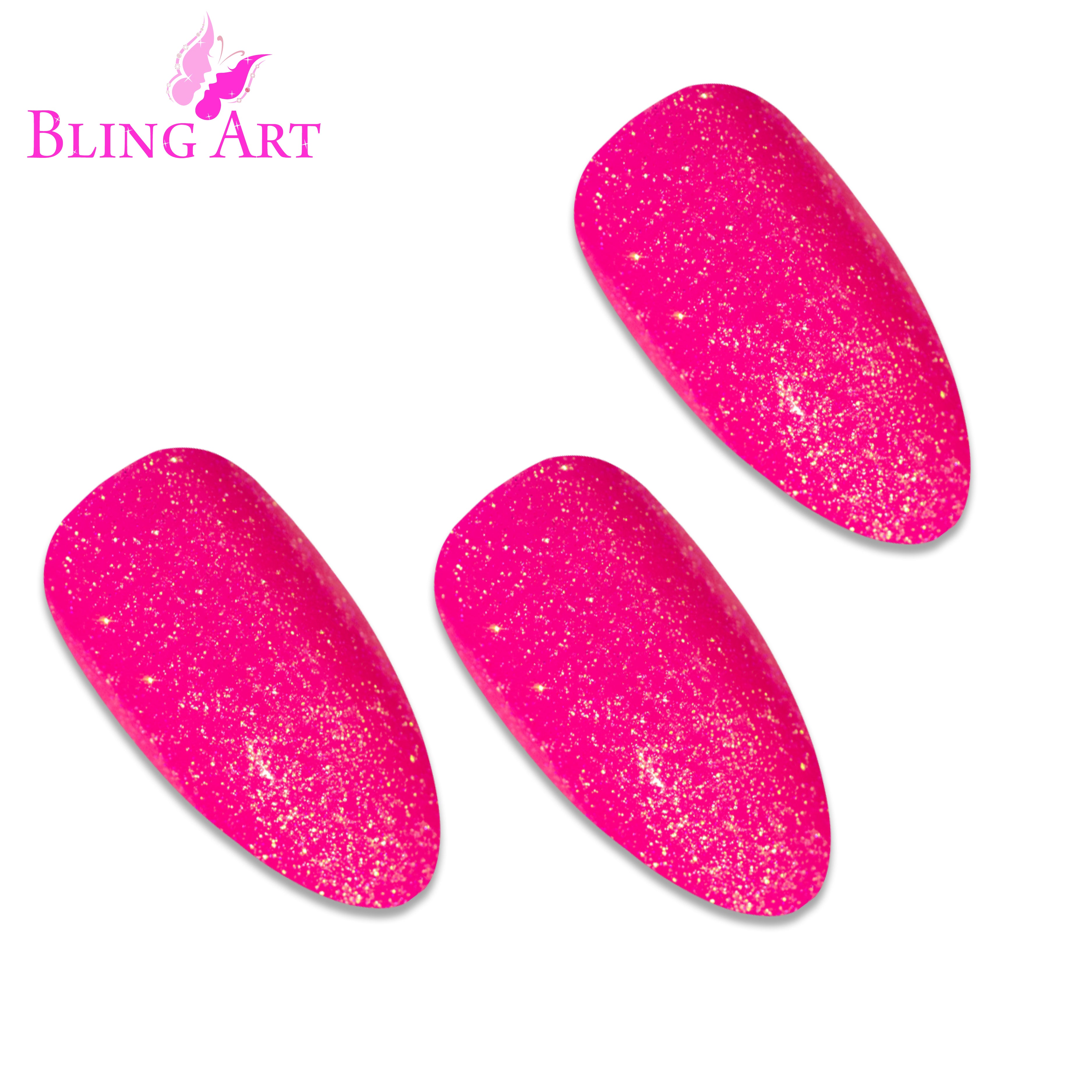 Pink gel almond stiletto Bling Art press-on nails — alternative angle revealing the bond line on the long almond stiletto shape.