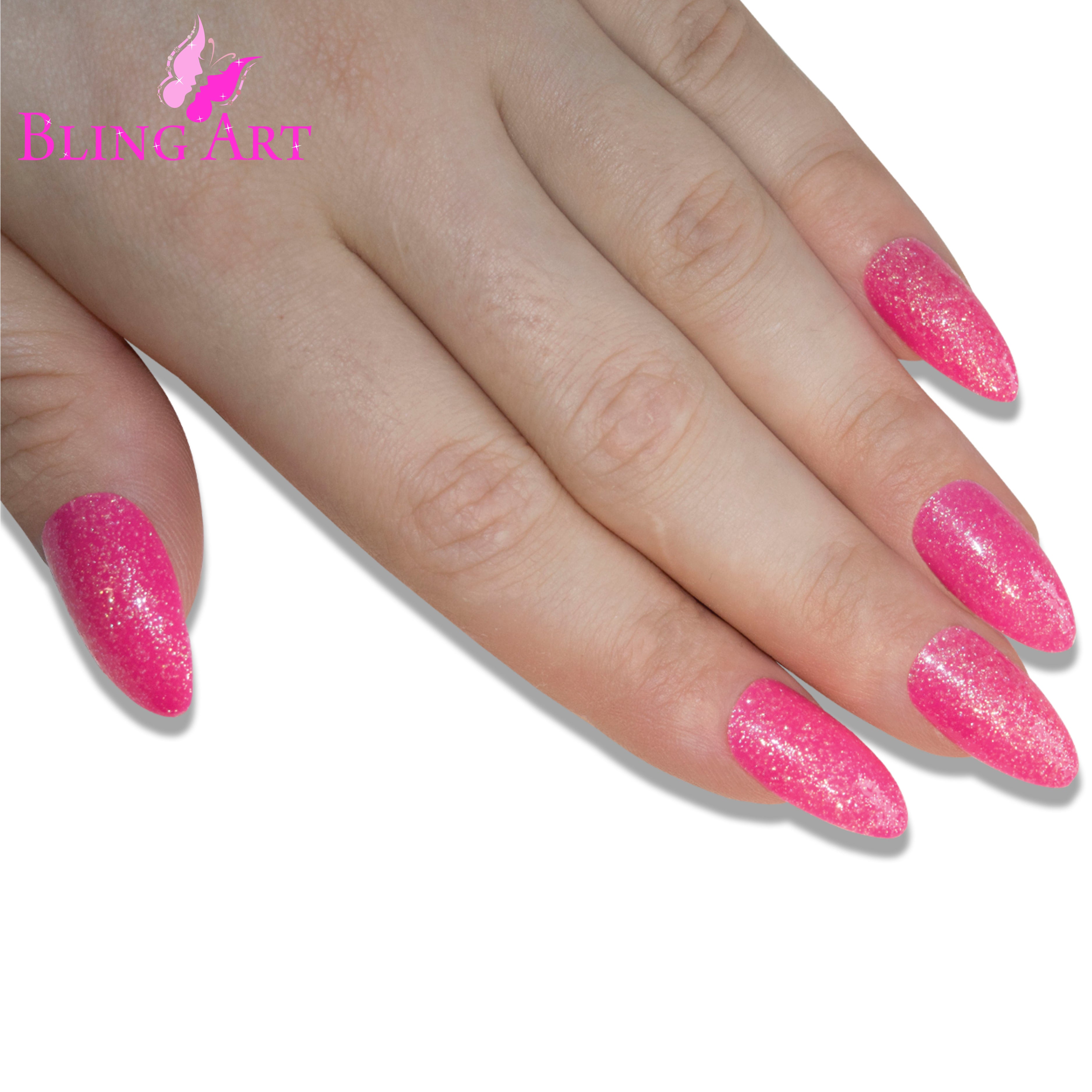 Pink gel almond stiletto Bling Art press-on nails — full-hand reveal showing all 24 nails for summer events and date nights.
